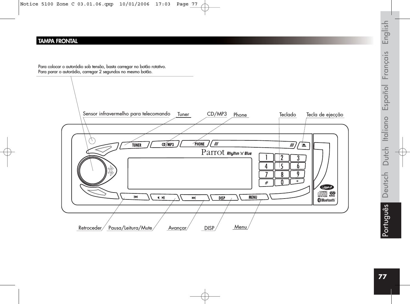 77TAMPA FRONTALPara colocar o autorádio sob tensão, basta carregar no botão rotativo. Para parar o autorádio, carregar 2 segundos no mesmo botão.Sensor infravermelho para telecomando Tuner CD/MP3 PhoneAvançarRetroceder Pausa/Leitura/Mute DISP MenuTecla de ejecçãoTecladoFrançais EnglishEspañolItalianoDeutsch DutchPortuguêsNotice 5100 Zone C 03.01.06.qxp  10/01/2006  17:03  Page 77