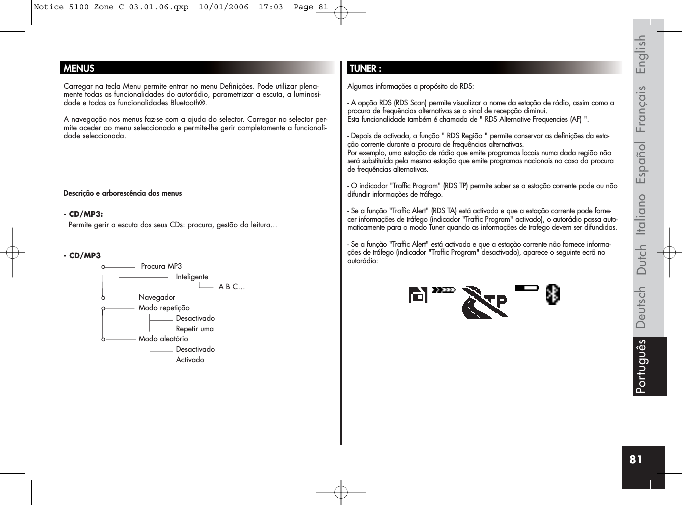 81MENUSCarregar na tecla Menu permite entrar no menu Definições. Pode utilizar plena-mente todas as funcionalidades do autorádio, parametrizar a escuta, a luminosi-dade e todas as funcionalidades Bluetooth®.A navegação nos menus faz-se com a ajuda do selector. Carregar no selector per-mite aceder ao menu seleccionado e permite-lhe gerir completamente a funcionali-dade seleccionada.TUNER :Algumas informações a propósito do RDS:- A opção RDS (RDS Scan) permite visualizar o nome da estação de rádio, assim como aprocura de frequências alternativas se o sinal de recepção diminui. Esta funcionalidade também é chamada de &quot; RDS Alternative Frequencies (AF) &quot;.- Depois de activada, a função &quot; RDS Região &quot; permite conservar as definições da esta-ção corrente durante a procura de frequências alternativas. Por exemplo, uma estação de rádio que emite programas locais numa dada região nãoserá substituída pela mesma estação que emite programas nacionais no caso da procurade frequências alternativas.- O indicador &quot;Traffic Program&quot; (RDS TP) permite saber se a estação corrente pode ou nãodifundir informações de tráfego.- Se a função &quot;Traffic Alert&quot; (RDS TA) está activada e que a estação corrente pode forne-cer informações de tráfego (indicador &quot;Traffic Program&quot; activado), o autorádio passa auto-maticamente para o modo Tuner quando as informações de trafego devem ser difundidas.- Se a função &quot;Traffic Alert&quot; está activada e que a estação corrente não fornece informa-ções de tráfego (indicador &quot;Traffic Program&quot; desactivado), aparece o seguinte ecrã noautorádio:Descrição e arborescência dos menus- CD/MP3:Permite gerir a escuta dos seus CDs: procura, gestão da leitura...- CD/MP3o Procura MP3InteligenteA B C…o Navegadoro Modo repetiçãoDesactivadoRepetir umao Modo aleatórioDesactivadoActivadoFrançais EnglishEspañolItalianoDeutsch DutchPortuguêsNotice 5100 Zone C 03.01.06.qxp  10/01/2006  17:03  Page 81