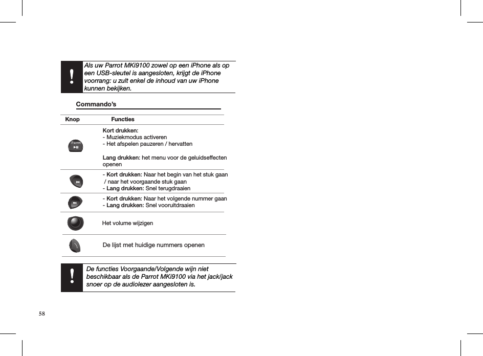  Commando’s         Knop FunctiesKort drukken: - Muziekmodus activeren- Het afspelen pauzeren / hervattenLang drukken: het menu voor de geluidseffecten openen- Kort drukken: Naar het begin van het stuk gaan / naar het voorgaande stuk gaan- Lang drukken: Snel terugdraaien- Kort drukken: Naar het volgende nummer gaan- Lang drukken: Snel vooruitdraaienHet volume wijzigenDe lijst met huidige nummers openenDe functies Voorgaande/Volgende wijn niet beschikbaar als de Parrot MKi9100 via het jack/jack snoer op de audiolezer aangesloten is.Als uw Parrot MKi9100 zowel op een iPhone als opeen USB-sleutel is aangesloten, krijgt de iPhonevoorrang: u zult enkel de inhoud van uw iPhonekunnen bekijken.58