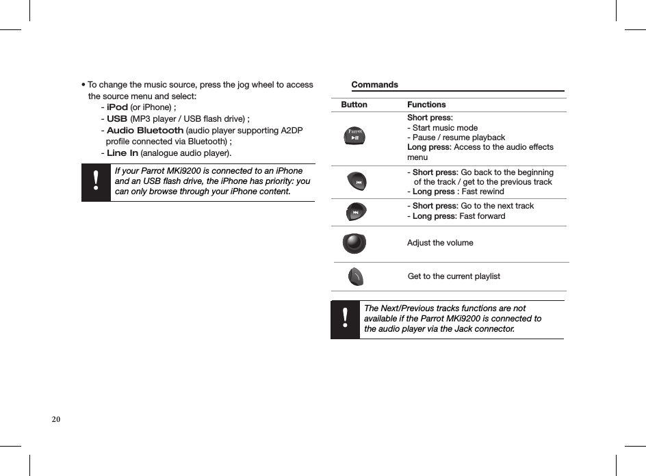 The Next/Previous tracks functions are not  available if the Parrot MKi9200 is connected to  the audio player via the Jack connector.• To change the music source, press the jog wheel to access     the source menu and select:  - iPod (or iPhone) ;  - USB (MP3 player / USB ﬂash drive) ;  - Audio Bluetooth (audio player supporting A2DP    proﬁle connected via Bluetooth) ;  - Line In (analogue audio player).   If your Parrot MKi9200 is connected to an iPhone and an USB ﬂash drive, the iPhone has priority: you can only browse through your iPhone content.   Commands       Button FunctionsShort press: - Start music mode - Pause / resume playback Long press: Access to the audio effects menu- Short press: Go back to the beginning    of the track / get to the previous track- Long press : Fast rewind- Short press: Go to the next track- Long press: Fast forwardAdjust the volumeGet to the current playlist20