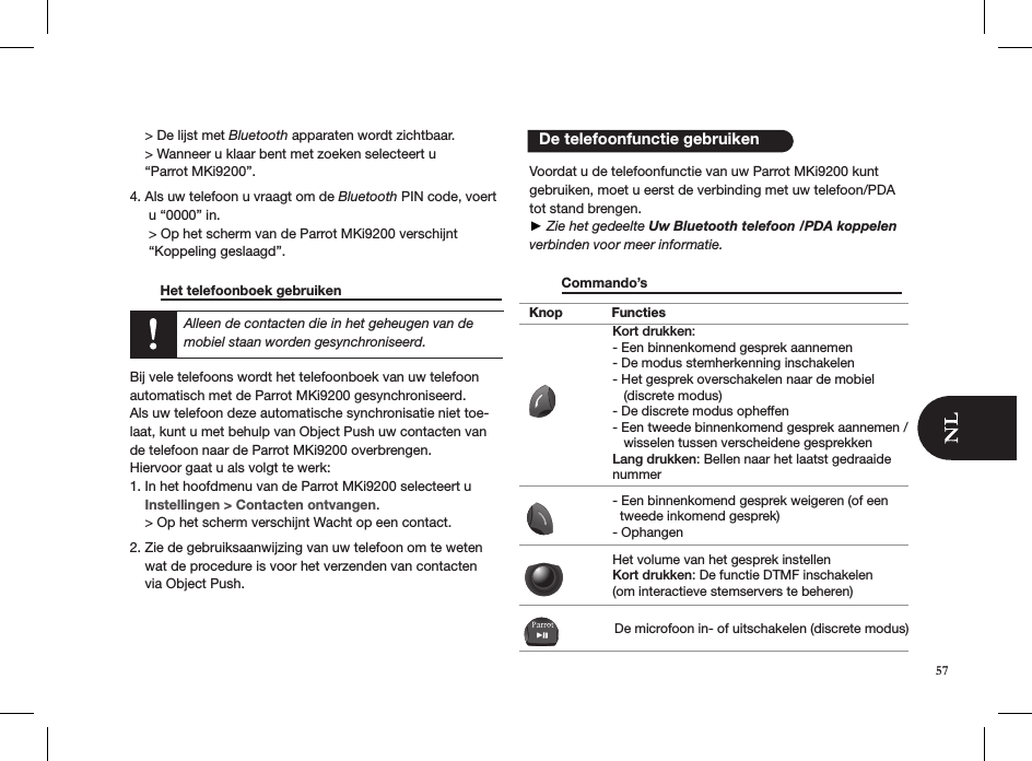     &gt; De lijst met Bluetooth apparaten wordt zichtbaar.     &gt; Wanneer u klaar bent met zoeken selecteert u      “Parrot MKi9200”.4. Als uw telefoon u vraagt om de Bluetooth PIN code, voert       u “0000” in.      &gt; Op het scherm van de Parrot MKi9200 verschijnt       “Koppeling geslaagd”.         Het telefoonboek gebruiken        Bij vele telefoons wordt het telefoonboek van uw telefoon automatisch met de Parrot MKi9200 gesynchroniseerd.Als uw telefoon deze automatische synchronisatie niet toe-laat, kunt u met behulp van Object Push uw contacten van de telefoon naar de Parrot MKi9200 overbrengen.Hiervoor gaat u als volgt te werk:1. In het hoofdmenu van de Parrot MKi9200 selecteert u      Instellingen &gt; Contacten ontvangen.    &gt; Op het scherm verschijnt Wacht op een contact. 2. Zie de gebruiksaanwijzing van uw telefoon om te weten      wat de procedure is voor het verzenden van contacten    via Object Push.  Voordat u de telefoonfunctie van uw Parrot MKi9200 kunt gebruiken, moet u eerst de verbinding met uw telefoon/PDA tot stand brengen.► Zie het gedeelte Uw Bluetooth telefoon /PDA koppelen verbinden voor meer informatie.   Commando’s                             De telefoonfunctie gebruikenKnop FunctiesKort drukken:- Een binnenkomend gesprek aannemen- De modus stemherkenning inschakelen- Het gesprek overschakelen naar de mobiel    (discrete modus)- De discrete modus opheffen- Een tweede binnenkomend gesprek aannemen /    wisselen tussen verscheidene gesprekkenLang drukken: Bellen naar het laatst gedraaide nummer- Een binnenkomend gesprek weigeren (of een   tweede inkomend gesprek)- OphangenHet volume van het gesprek instellenKort drukken: De functie DTMF inschakelen (om interactieve stemservers te beheren)De microfoon in- of uitschakelen (discrete modus)Alleen de contacten die in het geheugen van de mobiel staan worden gesynchroniseerd.57