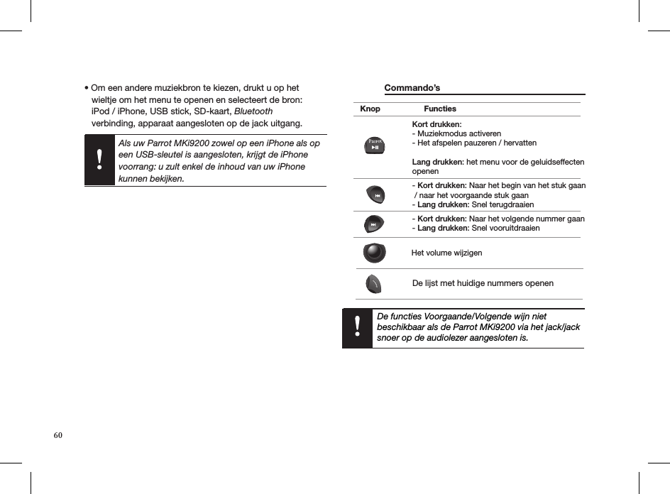  Commando’s         Knop FunctiesKort drukken: - Muziekmodus activeren- Het afspelen pauzeren / hervattenLang drukken: het menu voor de geluidseffecten openen- Kort drukken: Naar het begin van het stuk gaan / naar het voorgaande stuk gaan- Lang drukken: Snel terugdraaien- Kort drukken: Naar het volgende nummer gaan- Lang drukken: Snel vooruitdraaienHet volume wijzigenDe lijst met huidige nummers openenDe functies Voorgaande/Volgende wijn niet beschikbaar als de Parrot MKi9200 via het jack/jack snoer op de audiolezer aangesloten is.Als uw Parrot MKi9200 zowel op een iPhone als op  een USB-sleutel is aangesloten, krijgt de iPhone  voorrang: u zult enkel de inhoud van uw iPhone  kunnen bekijken.• Om een andere muziekbron te kiezen, drukt u op het     wieltje om het menu te openen en selecteert de bron:     iPod / iPhone, USB stick, SD-kaart, Bluetooth     verbinding, apparaat aangesloten op de jack uitgang.60