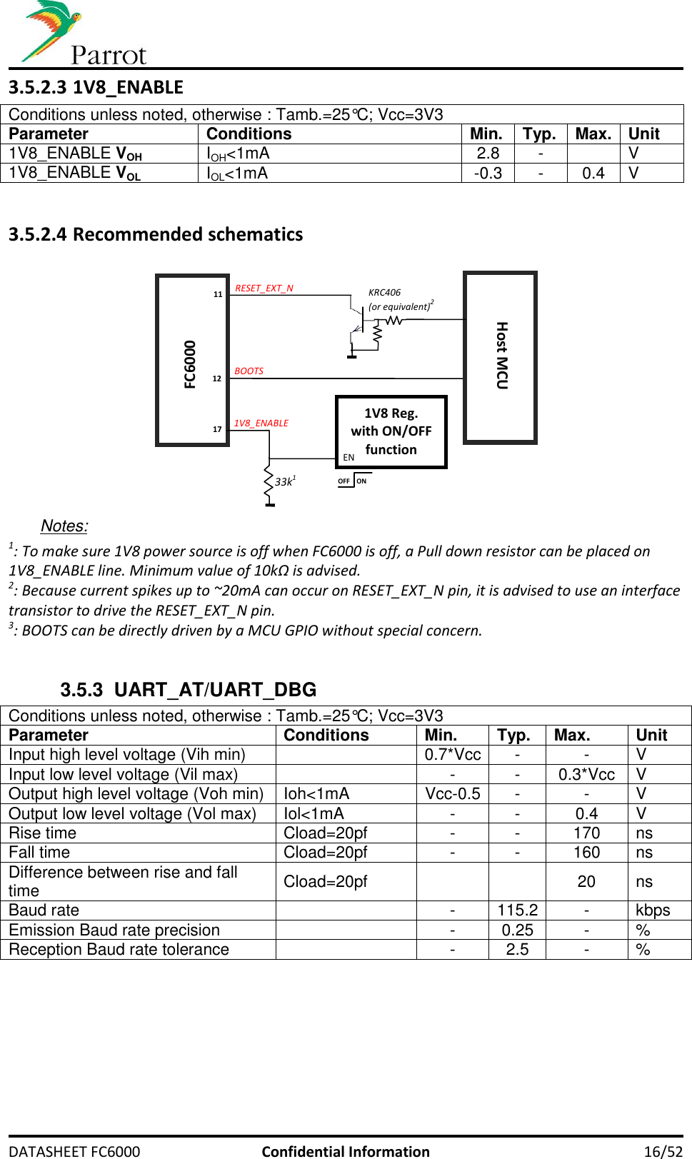     DATASHEET FC6000  Confidential Information 16/52 3.5.2.3 1V8_ENABLE Conditions unless noted, otherwise : Tamb.=25°C; Vcc=3V3 Parameter Conditions Min. Typ. Max. Unit 1V8_ENABLE VOH IOH&lt;1mA 2.8 -  V 1V8_ENABLE VOL IOL&lt;1mA -0.3 - 0.4 V  3.5.2.4 Recommended schematics     Notes: 1: To make sure 1V8 power source is off when FC6000 is off, a Pull down resistor can be placed on 1V8_ENABLE line. Minimum value of 10kΩ is advised. 2: Because current spikes up to ~20mA can occur on RESET_EXT_N pin, it is advised to use an interface transistor to drive the RESET_EXT_N pin. 3: BOOTS can be directly driven by a MCU GPIO without special concern.  3.5.3  UART_AT/UART_DBG Conditions unless noted, otherwise : Tamb.=25°C; Vcc=3V3 Parameter Conditions Min. Typ. Max. Unit Input high level voltage (Vih min)  0.7*Vcc - - V Input low level voltage (Vil max)  - - 0.3*Vcc V Output high level voltage (Voh min) Ioh&lt;1mA Vcc-0.5 - - V Output low level voltage (Vol max) Iol&lt;1mA - - 0.4 V Rise time Cload=20pf - - 170 ns Fall time Cload=20pf - - 160 ns Difference between rise and fall time Cload=20pf   20 ns Baud rate  - 115.2 - kbps Emission Baud rate precision  - 0.25 - % Reception Baud rate tolerance  - 2.5 - %  BOOTS RESET_EXT_N FC6000 Host MCU KRC406  (or equivalent)2 11 12 1V8_ENABLE EN OFF ON 17 33k1 1V8 Reg. with ON/OFF function 