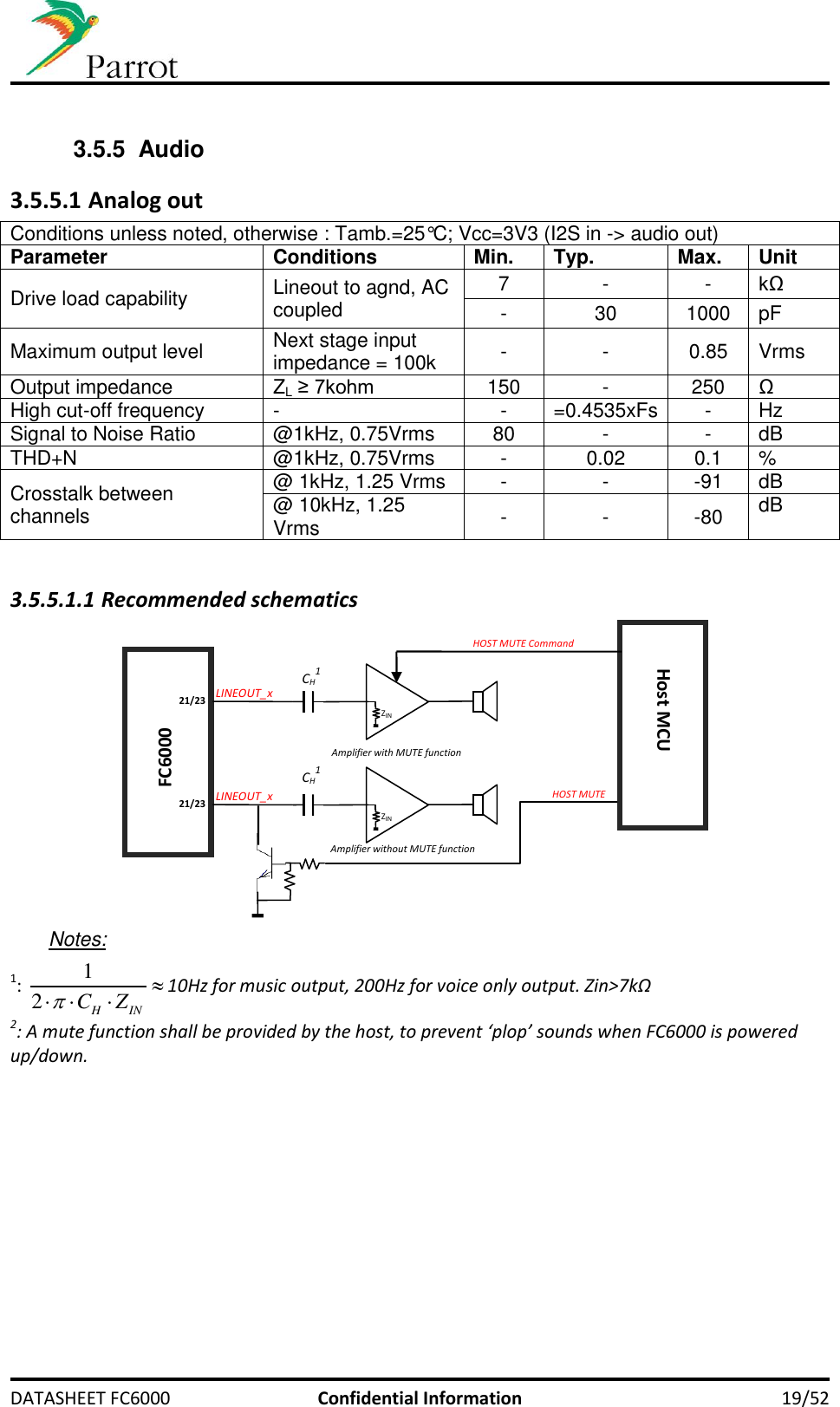     DATASHEET FC6000  Confidential Information 19/52  3.5.5  Audio 3.5.5.1 Analog out Conditions unless noted, otherwise : Tamb.=25°C; Vcc=3V3 (I2S in -&gt; audio out) Parameter Conditions Min. Typ. Max. Unit Drive load capability Lineout to agnd, AC coupled 7 - - kΩ - 30 1000 pF Maximum output level Next stage input impedance = 100k - - 0.85 Vrms Output impedance ZL ≥ 7kohm 150 - 250 Ω High cut-off frequency - - =0.4535xFs - Hz Signal to Noise Ratio @1kHz, 0.75Vrms 80 - - dB THD+N @1kHz, 0.75Vrms - 0.02 0.1 % Crosstalk between channels @ 1kHz, 1.25 Vrms - - -91 dB @ 10kHz, 1.25 Vrms - - -80 dB  3.5.5.1.1 Recommended schematics    Notes: 1: 12H INCZ  10Hz for music output, 200Hz for voice only output. Zin&gt;7kΩ 2: A mute function shall be provided by the host, to prevent ‘plop’ sounds when FC6000 is powered up/down.  LINEOUT_x FC6000 CH1 ZIN Host MCU Amplifier with MUTE function HOST MUTE Command LINEOUT_x CH1  ZIN Amplifier without MUTE function HOST MUTE 21/23 21/23 