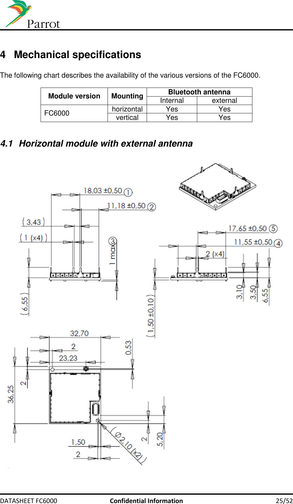    DATASHEET FC6000  Confidential Information 25/52  4  Mechanical specifications  The following chart describes the availability of the various versions of the FC6000.  Module version Mounting Bluetooth antenna Internal external FC6000 horizontal Yes Yes vertical Yes Yes  4.1  Horizontal module with external antenna   