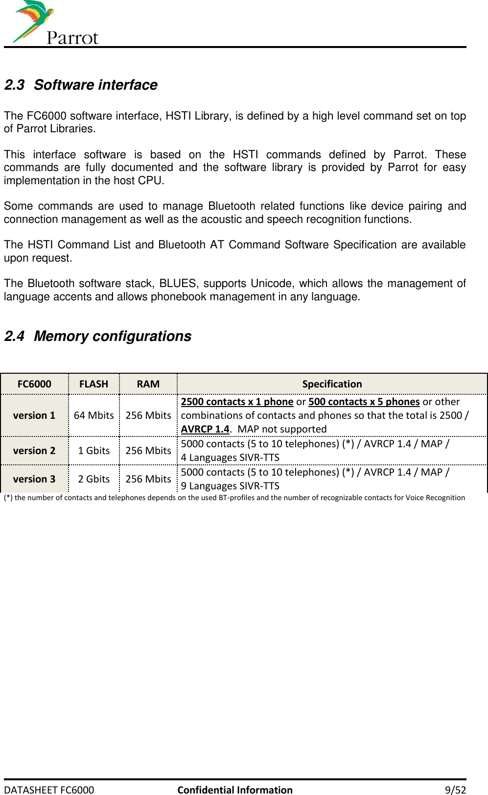     DATASHEET FC6000  Confidential Information  9/52  2.3  Software interface  The FC6000 software interface, HSTI Library, is defined by a high level command set on top of Parrot Libraries.  This  interface  software  is  based  on  the  HSTI  commands  defined  by  Parrot.  These commands  are  fully  documented  and  the  software  library  is  provided  by  Parrot  for  easy implementation in the host CPU.  Some  commands  are  used to  manage  Bluetooth  related  functions like device pairing  and connection management as well as the acoustic and speech recognition functions.  The HSTI Command List and Bluetooth AT Command Software Specification are available upon request.  The Bluetooth software stack, BLUES, supports Unicode, which allows the management of language accents and allows phonebook management in any language.  2.4  Memory configurations   FC6000 FLASH RAM Specification version 1 64 Mbits 256 Mbits 2500 contacts x 1 phone or 500 contacts x 5 phones or other combinations of contacts and phones so that the total is 2500 /  AVRCP 1.4.  MAP not supported version 2 1 Gbits 256 Mbits 5000 contacts (5 to 10 telephones) (*) / AVRCP 1.4 / MAP /  4 Languages SIVR-TTS version 3 2 Gbits 256 Mbits 5000 contacts (5 to 10 telephones) (*) / AVRCP 1.4 / MAP /  9 Languages SIVR-TTS (*) the number of contacts and telephones depends on the used BT-profiles and the number of recognizable contacts for Voice Recognition   