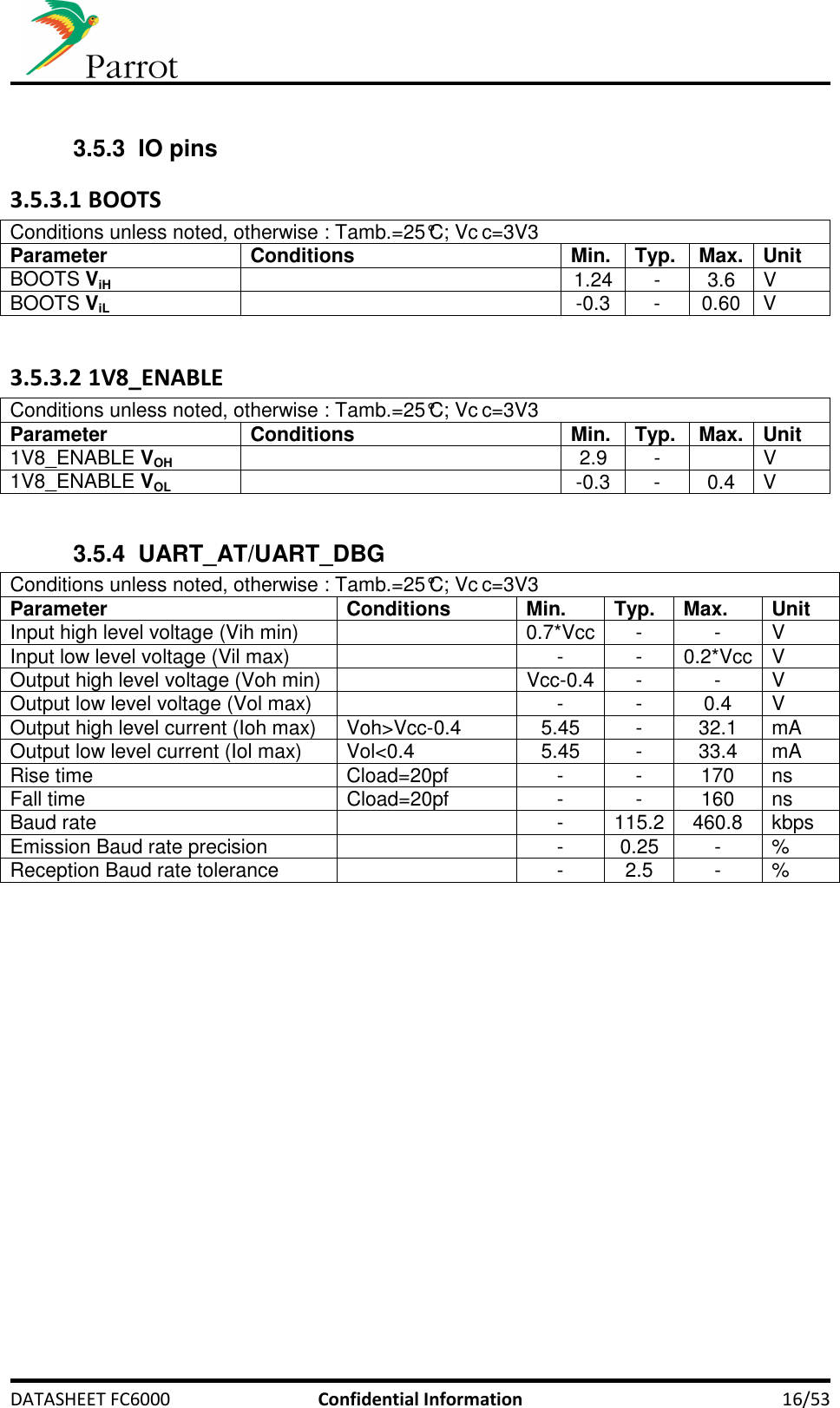     DATASHEET FC6000  Confidential Information  16/53  3.5.3  IO pins 3.5.3.1 BOOTS Conditions unless noted, otherwise : Tamb.=25°C; Vc c=3V3 Parameter Conditions Min. Typ. Max. Unit BOOTS ViH   1.24  -  3.6  V BOOTS ViL   -0.3  -  0.60  V  3.5.3.2 1V8_ENABLE Conditions unless noted, otherwise : Tamb.=25°C; Vc c=3V3 Parameter Conditions Min. Typ. Max. Unit 1V8_ENABLE VOH   2.9  -    V 1V8_ENABLE VOL   -0.3  -  0.4  V  3.5.4  UART_AT/UART_DBG Conditions unless noted, otherwise : Tamb.=25°C; Vc c=3V3 Parameter Conditions Min. Typ. Max. Unit Input high level voltage (Vih min)    0.7*Vcc -  -  V Input low level voltage (Vil max)    -  -  0.2*Vcc V Output high level voltage (Voh min)    Vcc-0.4 -  -  V Output low level voltage (Vol max)    -  -  0.4  V Output high level current (Ioh max)  Voh&gt;Vcc-0.4  5.45  -  32.1  mA Output low level current (Iol max)  Vol&lt;0.4  5.45  -  33.4  mA Rise time  Cload=20pf  -  -  170  ns Fall time  Cload=20pf  -  -  160  ns Baud rate    -  115.2 460.8  kbps Emission Baud rate precision    -  0.25  -  % Reception Baud rate tolerance    -  2.5  -  %  