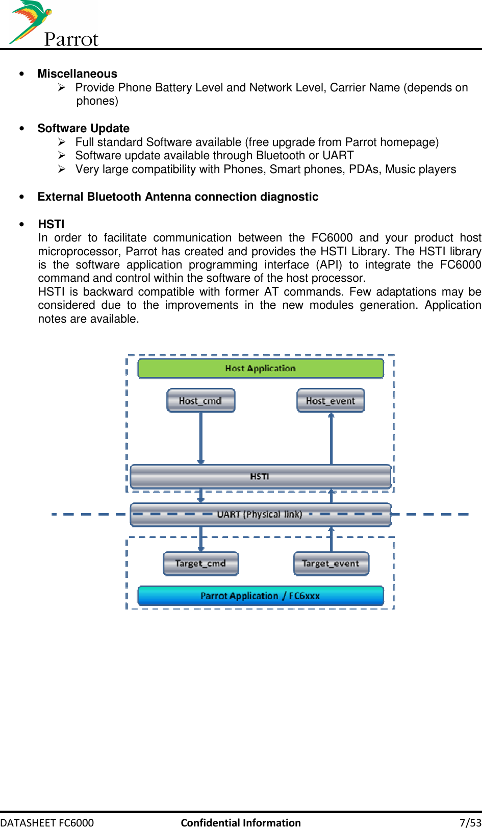     DATASHEET FC6000  Confidential Information  7/53  • Miscellaneous   Provide Phone Battery Level and Network Level, Carrier Name (depends on phones)  • Software Update   Full standard Software available (free upgrade from Parrot homepage)   Software update available through Bluetooth or UART   Very large compatibility with Phones, Smart phones, PDAs, Music players  • External Bluetooth Antenna connection diagnostic  • HSTI In  order  to  facilitate  communication  between  the  FC6000  and  your  product  host microprocessor, Parrot has created and provides the HSTI Library. The HSTI library is  the  software  application  programming  interface  (API)  to  integrate  the  FC6000 command and control within the software of the host processor. HSTI is backward compatible with former AT commands. Few adaptations may be considered  due  to  the  improvements  in  the  new  modules  generation.  Application notes are available.    