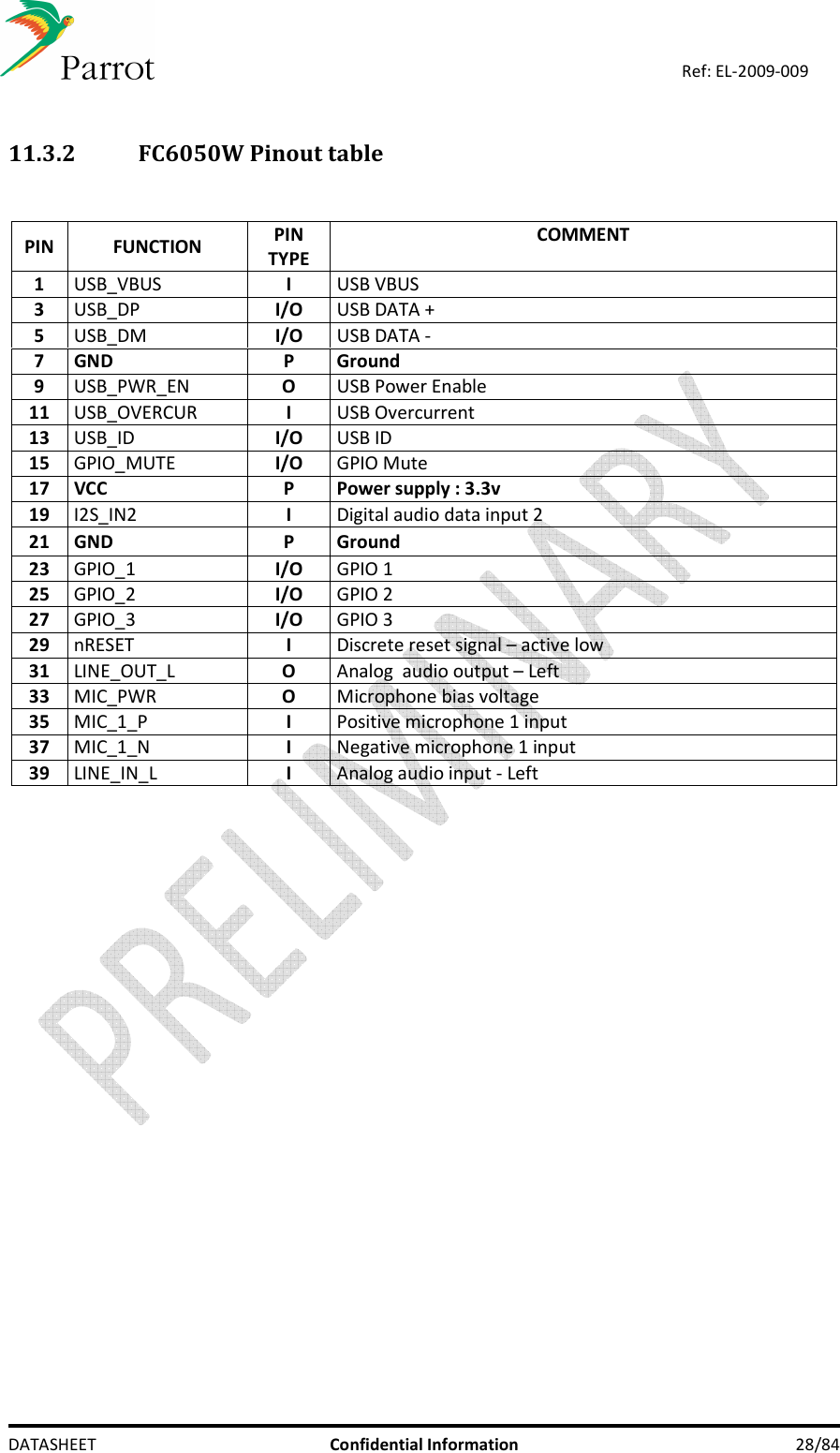    DATASHEET  Confidential Information  28/84 Ref: EL-2009-009  11.3.2 FC6050W Pinout table     PIN  FUNCTION  PIN  TYPE COMMENT  1 USB_VBUS I  USB VBUS 3 USB_DP I/O USB DATA + 5 USB_DM I/O USB DATA - 7  GND  P  Ground 9 USB_PWR_EN O USB Power Enable  11 USB_OVERCUR I USB Overcurrent 13 USB_ID I/O USB ID 15 GPIO_MUTE I/O GPIO Mute 17  VCC  P  Power supply : 3.3v 19 I2S_IN2 I Digital audio data input 2 21  GND  P  Ground 23 GPIO_1 I/O GPIO 1 25 GPIO_2 I/O GPIO 2 27 GPIO_3 I/O GPIO 3 29 nRESET I Discrete reset signal – active low 31 LINE_OUT_L O Analog  audio output – Left 33 MIC_PWR O Microphone bias voltage 35 MIC_1_P I Positive microphone 1 input 37 MIC_1_N I Negative microphone 1 input 39 LINE_IN_L I Analog audio input - Left 