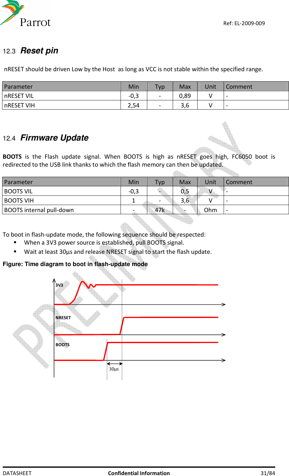    DATASHEET  Confidential Information  31/84 Ref: EL-2009-009  12.3 Reset pin   nRESET should be driven Low by the Host  as long as VCC is not stable within the specified range.  Parameter  Min  Typ  Max  Unit  Comment nRESET VIL  -0,3  -  0,89  V  - nRESET VIH  2,54  -  3,6  V  -    12.4 Firmware Update  BOOTS  is  the  Flash  update  signal.  When  BOOTS  is  high  as  nRESET  goes  high,  FC6050  boot  is redirected to the USB link thanks to which the flash memory can then be updated.  Parameter  Min  Typ  Max  Unit  Comment BOOTS VIL  -0,3  -  0,5  V  - BOOTS VIH  1  -  3,6  V  - BOOTS internal pull-down  -  47k  -  Ohm  -   To boot in flash-update mode, the following sequence should be respected:  When a 3V3 power source is established, pull BOOTS signal.  Wait at least 30µs and release NRESET signal to start the flash update. Figure: Time diagram to boot in flash-update mode      3V3 NRESET BOOTS 30µs 