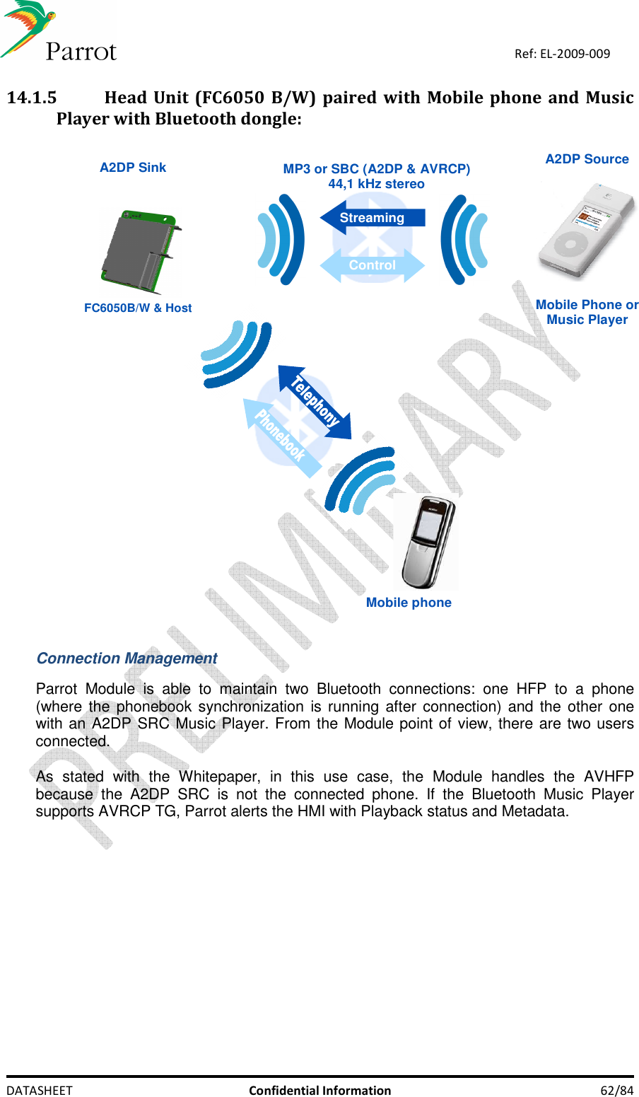    DATASHEET  Confidential Information  62/84 Ref: EL-2009-009 14.1.5 Head Unit  (FC6050  B/W)  paired  with  Mobile  phone  and  Music Player with Bluetooth dongle:   A2DP Source A2DP SinkMobile Phone orMusic Player MP3 or SBC (A2DP &amp; AVRCP)44,1 kHz stereo StreamingControlMobile phone FC6050B/W &amp; Host   Connection Management  Parrot  Module  is  able  to  maintain  two  Bluetooth  connections:  one  HFP  to  a  phone (where the  phonebook synchronization is running after connection) and the other  one with an A2DP SRC Music Player. From the Module point of view, there are two users connected.  As  stated  with  the  Whitepaper,  in  this  use  case,  the  Module  handles  the  AVHFP because  the  A2DP  SRC  is  not  the  connected  phone.  If  the  Bluetooth  Music  Player supports AVRCP TG, Parrot alerts the HMI with Playback status and Metadata. 