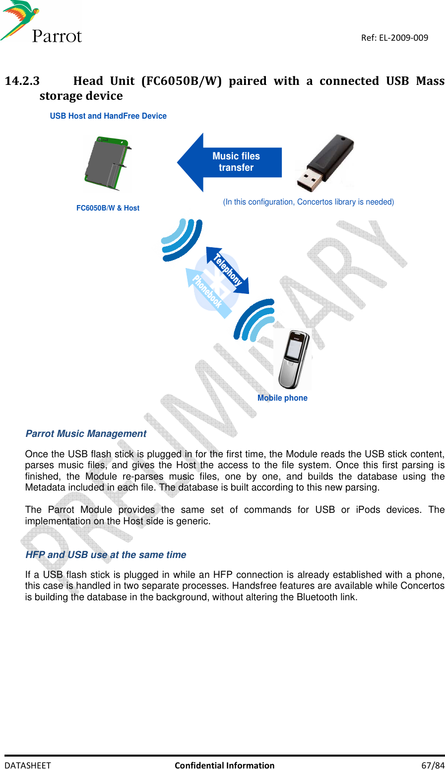    DATASHEET  Confidential Information  67/84 Ref: EL-2009-009  14.2.3 Head  Unit  (FC6050B/W)  paired  with  a  connected  USB  Mass storage device   Music files transfer (In this configuration, Concertos library is needed) USB Host and HandFree DeviceMobile phone FC6050B/W &amp; Host    Parrot Music Management  Once the USB flash stick is plugged in for the first time, the Module reads the USB stick content, parses music  files, and gives the Host the access to the file  system.  Once  this first  parsing is finished,  the  Module  re-parses  music  files,  one  by  one,  and  builds  the  database  using  the Metadata included in each file. The database is built according to this new parsing.  The  Parrot  Module  provides  the  same  set  of  commands  for  USB  or  iPods  devices.  The implementation on the Host side is generic.   HFP and USB use at the same time  If a USB flash stick is plugged in while an HFP connection is already established with a phone, this case is handled in two separate processes. Handsfree features are available while Concertos is building the database in the background, without altering the Bluetooth link.  