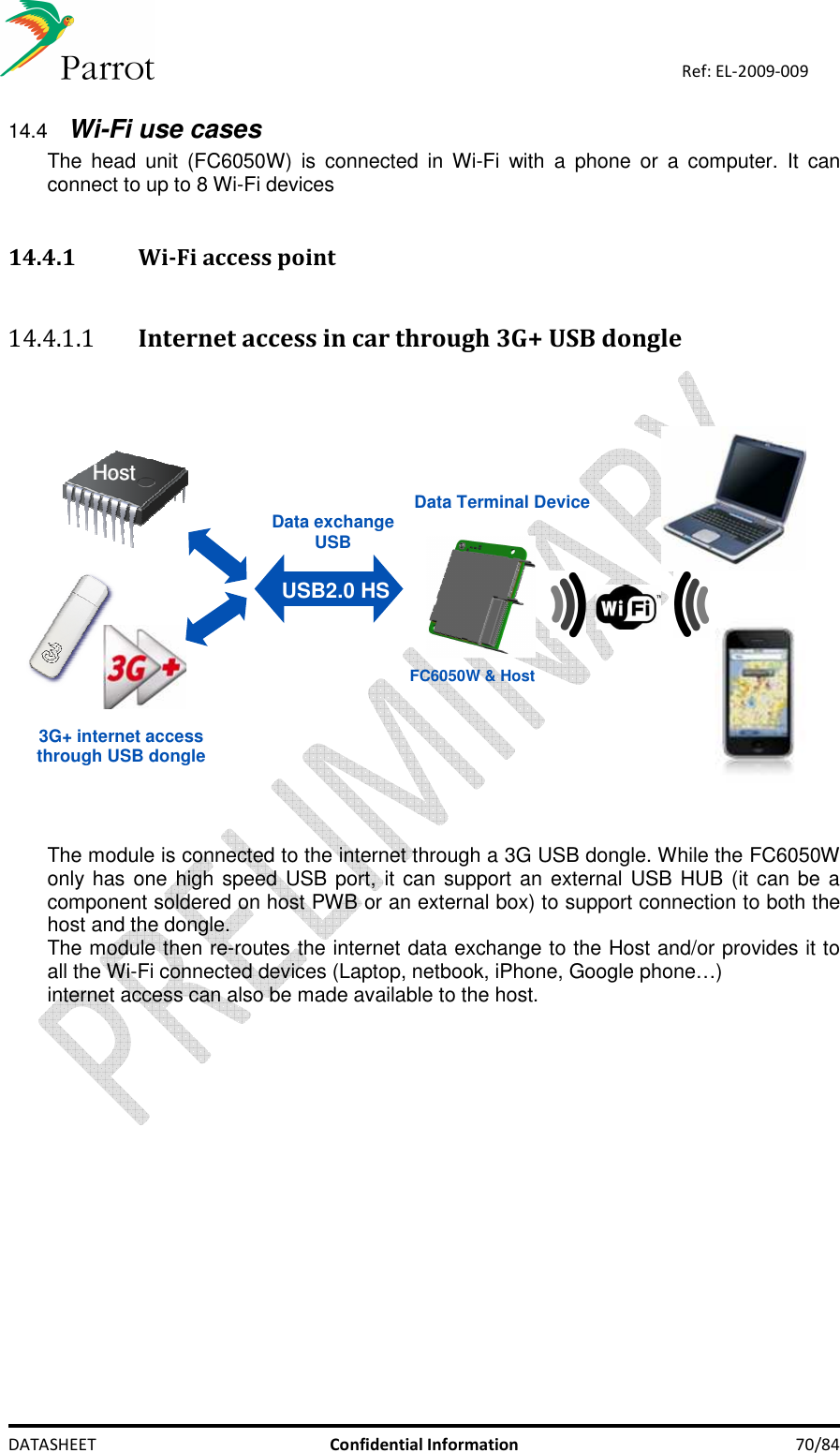    DATASHEET  Confidential Information  70/84 Ref: EL-2009-009 14.4  Wi-Fi use cases The  head  unit  (FC6050W)  is  connected  in Wi-Fi  with  a  phone  or  a  computer.  It  can connect to up to 8 Wi-Fi devices  14.4.1 Wi-Fi access point   14.4.1.1 Internet access in car through 3G+ USB dongle  3G+ internet access  through USB dongle Data exchangeUSB Data Terminal DeviceUSB2.0 HS FC6050W &amp; Host  HHoosstt    The module is connected to the internet through a 3G USB dongle. While the FC6050W only has one high speed USB port, it can support an external USB HUB (it can be a component soldered on host PWB or an external box) to support connection to both the host and the dongle. The module then re-routes the internet data exchange to the Host and/or provides it to all the Wi-Fi connected devices (Laptop, netbook, iPhone, Google phone…)  internet access can also be made available to the host.                 