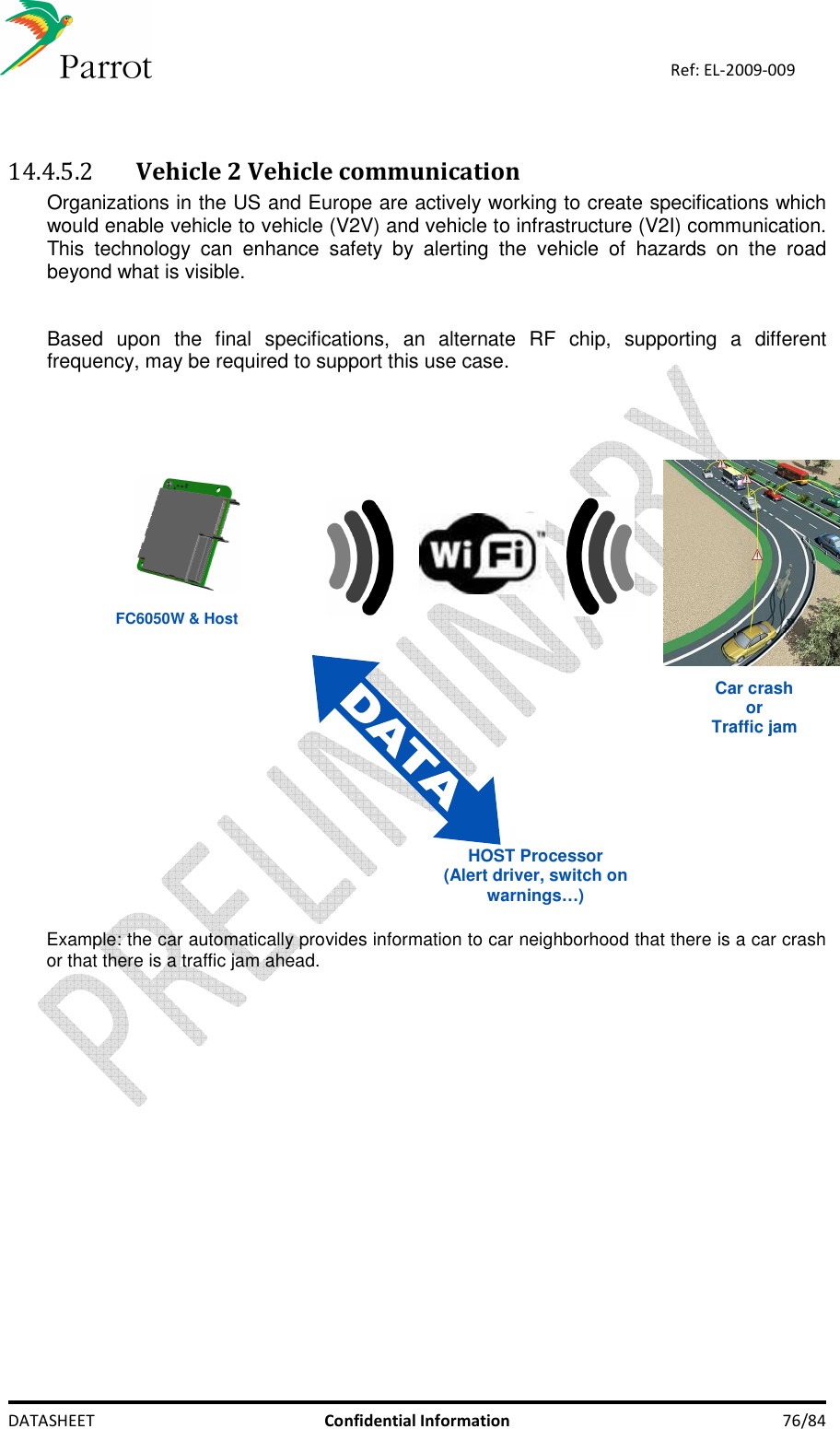    DATASHEET  Confidential Information  76/84 Ref: EL-2009-009   14.4.5.2 Vehicle 2 Vehicle communication  Organizations in the US and Europe are actively working to create specifications which would enable vehicle to vehicle (V2V) and vehicle to infrastructure (V2I) communication. This  technology  can  enhance  safety  by  alerting  the  vehicle  of  hazards  on  the  road beyond what is visible.  Based  upon  the  final  specifications,  an  alternate  RF  chip,  supporting  a  different frequency, may be required to support this use case.  Car crash or Traffic jam HOST Processor (Alert driver, switch on warnings…) FC6050W &amp; Host   Example: the car automatically provides information to car neighborhood that there is a car crash or that there is a traffic jam ahead.  