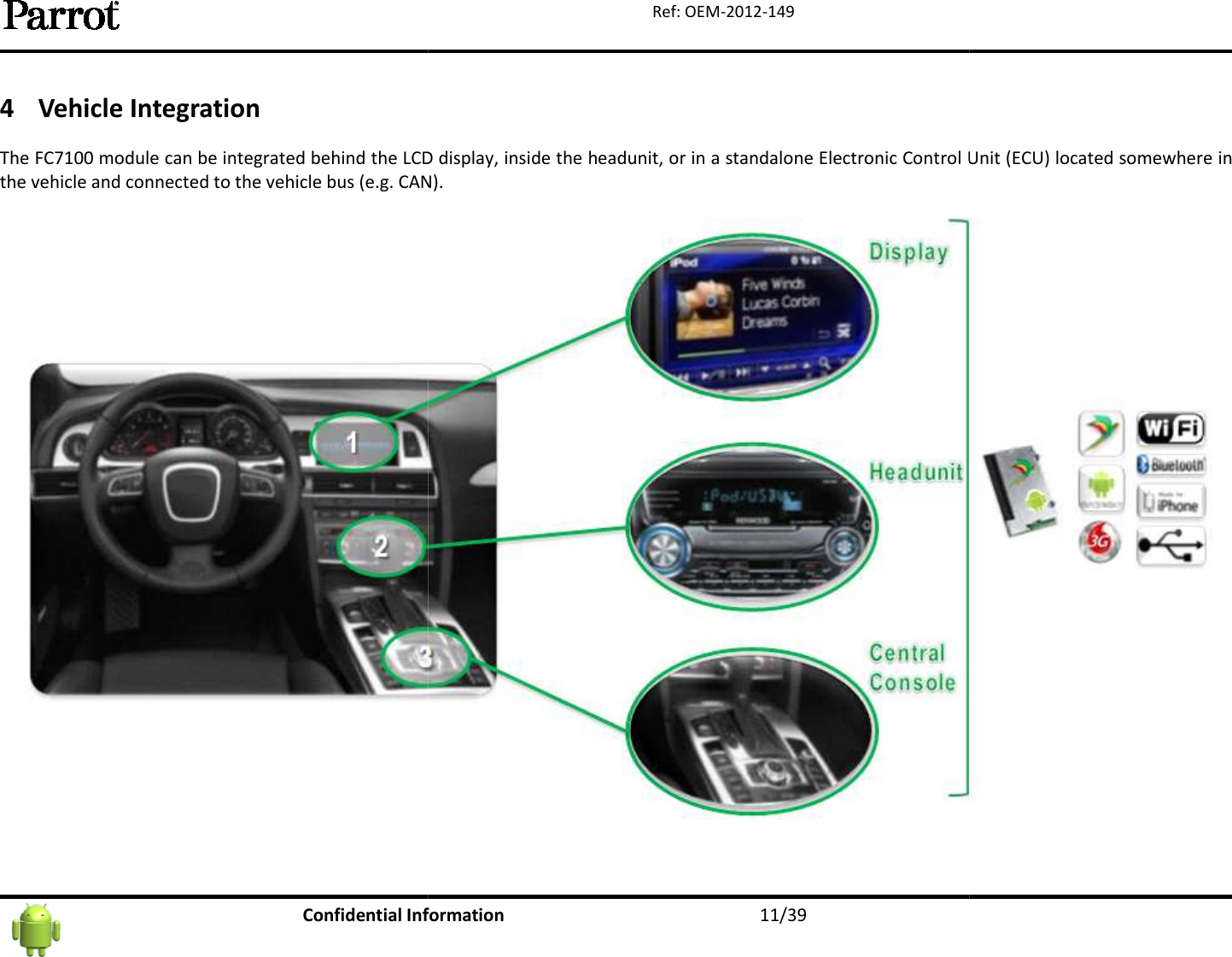   Confidential Information4 Vehicle Integration The FC7100 module can be integrated behind the LCD display, inside the headunit, or in a standalone Electronic Control Unit (ECU) locatethe vehicle and connected to the vehicle bus (e.g. CAN). Information  11/39 Ref: OEM-2012-149 module can be integrated behind the LCD display, inside the headunit, or in a standalone Electronic Control Unit (ECU) locatennected to the vehicle bus (e.g. CAN).   module can be integrated behind the LCD display, inside the headunit, or in a standalone Electronic Control Unit (ECU) located somewhere in  