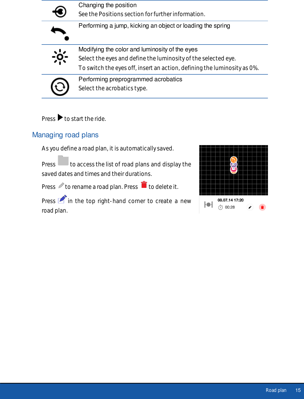      15Road planChanging the positionSee the Positions section for further information.Performing a jump, kicking an object or loading the spring Modifying the color and luminosity of the eyesSelect the eyes and define the luminosity of the selected eye. To switch the eyes off, insert an action, defining the luminosity as 0%.Performing preprogrammed acrobaticsSelect the acrobatics type.Press   to start the ride.Managing road plansAs you define a road plan, it is automatically saved.Press  to access the list of road plans and display thesaved dates and times and their durations.Press  to rename a road plan. Press  to delete it.Press   in  the  top  right-hand  corner to  create  a  newroad plan.
