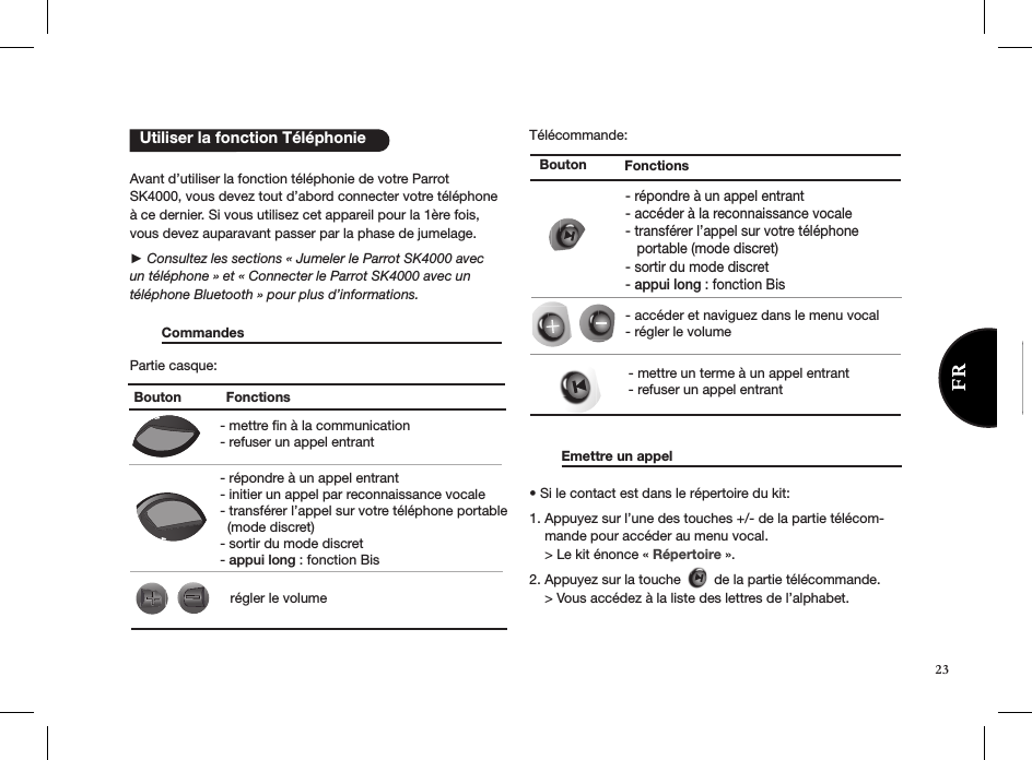   Utiliser la fonction Téléphonie Avant d’utiliser la fonction téléphonie de votre Parrot SK4000, vous devez tout d’abord connecter votre téléphone à ce dernier. Si vous utilisez cet appareil pour la 1ère fois, vous devez auparavant passer par la phase de jumelage. ► Consultez les sections « Jumeler le Parrot SK4000 avec un téléphone » et « Connecter le Parrot SK4000 avec un téléphone Bluetooth » pour plus d’informations.  Commandes                                                  Partie casque:   Télécommande:  Emettre un appel                                                 • Si le contact est dans le répertoire du kit:1. Appuyez sur l’une des touches +/- de la partie télécom-     mande pour accéder au menu vocal.    &gt; Le kit énonce « Répertoire ». 2. Appuyez sur la touche   de la partie télécommande.    &gt; Vous accédez à la liste des lettres de l’alphabet.Bouton- mettre fin à la communication- refuser un appel entrant - répondre à un appel entrant- initier un appel par reconnaissance vocale- transférer l’appel sur votre téléphone portable  (mode discret)- sortir du mode discret- appui long : fonction Bis régler le volume FonctionsBouton Fonctions- mettre un terme à un appel entrant- refuser un appel entrant - accéder et naviguez dans le menu vocal- régler le volume- répondre à un appel entrant  - accéder à la reconnaissance vocale- transférer l’appel sur votre téléphone    portable (mode discret)- sortir du mode discret- appui long : fonction Bis23