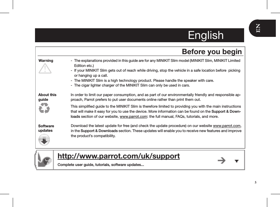 5EnglishBefore you beginAbout this guideIn order to limit our paper consumption, and as part of our environmentally friendly and responsible ap-proach, Parrot prefers to put user documents online rather than print them out. This simpliﬁed guide to the MINIKIT Slim is therefore limited to providing you with the main instructions that will make it easy for you to use the device. More information can be found on the Support &amp; Down-loads section of our website, www.parrot.com: the full manual, FAQs, tutorials, and more.The explanations provided in this guide are for any MINIKIT Slim model (MINIKIT Slim, MINIKIT Limited   -Edition etc.)If your MINIKIT Slim gets out of reach while driving, stop the vehicle in a safe location before  picking  -or hanging up a call.The MINIKIT Slim is a high technology product. Please handle the speaker with care. -The cigar lighter charger of the MINIKIT Slim can only be used in cars. -WarningDownload the latest update for free (and check the update procedure) on our website www.parrot.com, in the Support &amp; Downloads section. These updates will enable you to receive new features and improve the product’s compatibility.Software updateshttp://www.parrot.com/uk/support  Complete user guide, tutorials, software updates...