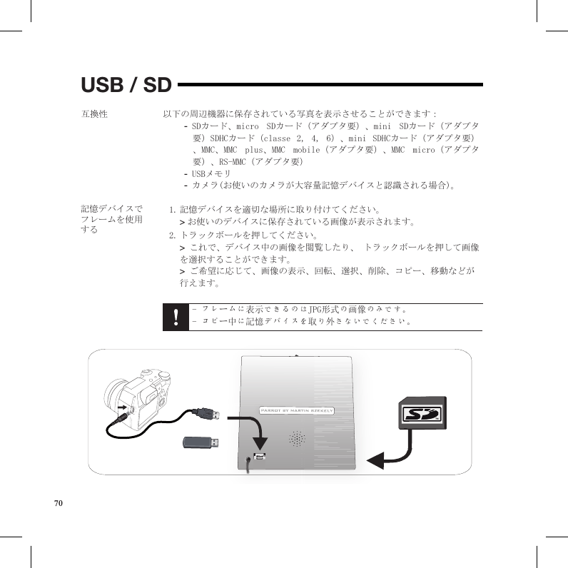USB / SD互換性 以下の周辺機器に保存されている写真を表示させることができます： SDカード、micro  SDカード（アダプタ要）、mini  SDカード（アダプタ -要）SDHCカード（classe  2,  4,  6）、mini  SDHCカード（アダプタ要）、MMC、MMC  plus、MMC  mobile（アダプタ要）、MMC  micro（アダプタ要）、RS-MMC（アダプタ要）USBメモリ -カメラ(お使いのカメラが大容量記憶デバイスと認識される場合)。 -記憶デバイスでフレームを使用する記憶デバイスを適切な場所に取り付けてください。1.   &gt; お使いのデバイスに保存されている画像が表示されます。 トラックボールを押してください。2.    &gt; これで、デバイス中の画像を閲覧したり、 トラックボールを押して画像を選択することができます。  &gt; ご希望に応じて、画像の表示、回転、選択、削除、コピー、移動などが行えます。  - フレームに表示できるのはJPG形式の画像のみです。- コピー中に記憶デバイスを取り外さないでください。70