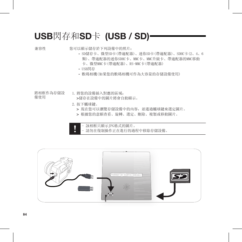 USB閃存和SD卡 (USB / SD)兼容性 您可以顯示儲存於下列設備中的照片： SD儲存卡、微型SD卡(帶適配器)、迷你SD卡(帶適配器)、SDHC卡(2、4、6 -類)、帶適配器的迷你SDHC卡、MMC卡、MMC升級卡、帶適配器的MMC移動卡、微型MMC卡(帶適配器)、RS-MMC卡(帶適配器) USB閃存 -數碼相機(如果您的數碼相機可作為大容量的存儲設備使用) -將相框作為存儲設備使用將您的設備插入對應的區域； 1.   &gt;儲存在設備中的圖片將會自動顯示。 按下觸球鍵。 2.   &gt; 現在您可以瀏覽存儲設備中的內容，並通過觸球鍵來選定圖片。  &gt; 根據您的意願查看、旋轉、選定、刪除、複製或移動圖片。  - 該相框只顯示JPG格式的圖片。 - 請勿在復制操作正在進行的過程中移除存儲設備。 8484