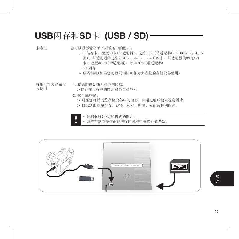 USB闪存和SD卡 (USB / SD)兼容性 您可以显示储存于下列设备中的照片：SD储存卡、微型SD卡(带适配器)、迷你SD卡(带适配器)、SDHC卡(2、4、6 -类)、带适配器的迷你SDHC卡、MMC卡、MMC升级卡、带适配器的MMC移动卡、微型MMC卡(带适配器)、RS-MMC卡(带适配器)USB闪存 -数码相机(如果您的数码相机可作为大容量的存储设备使用)  -将相框作为存储设备使用将您的设备插入对应的区域；1.   &gt; 储存在设备中的图片将会自动显示。按下触球键。2.   &gt; 现在您可以浏览存储设备中的内容，并通过触球键来选定图片。 &gt; 根据您的意愿查看、旋转、选定、删除、复制或移动图片。  - 该相框只显示JPG格式的图片。- 请勿在复制操作正在进行的过程中移除存储设备。77汉语