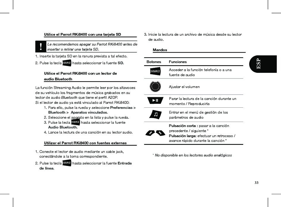  Utilice el Parrot RKi8400 con una tarjeta SD     Le recomendamos apagar su Parrot RKi8400 antes de insertar o retirar una tarjeta SD.  1. Inserte la tarjeta SD en la ranura prevista a tal efecto.  2. Pulse la tecla SOURCE hasta seleccionar la fuente SD.  Utilice el Parrot RKi8400 con un lector de    audio Bluetooth             La función Streaming Audio le permite leer por los altavoces de su vehículo los fragmentos de música grabados en su lector de audio Bluetooth que tiene el perﬁl A2DP. Si el lector de audio ya está vinculado al Parrot RKi8400:  1. Para ello, pulse la rueda y seleccione Preferencias &gt;        Bluetooth &gt;  Aparatos vinculados.  2. Seleccione el aparato en la lista y pulse la rueda.  3. Pulse la tecla SOURCE hasta seleccionar la fuente        Audio Bluetooth.  4. Lance la lectura de una canción en su lector audio.     Utilizar el Parrot RKi8400 con fuentes externas 1. Conecte el lector de audio mediante un cable jack,      conectándole a la toma correspondiente.    2. Pulse la tecla SOURCE hasta seleccionar la fuente Entrada      de línea.3. Inicie la lectura de un archivo de música desde su lector      de audio.   Mandos        Botones Funciones SOURCEAcceder a la función telefonía o a una fuente de audioAjustar el volumenParar la lectura de la canción durante unmomento / ReproducirlaEntrar en el menú de gestión de losparámetros de audioPulsación corta : pasar a la canciónprecedente / siguiente *Pulsación larga: efectuar un retroceso / avance rápido durante la canción ** No disponible en los lectores audio analógicos33