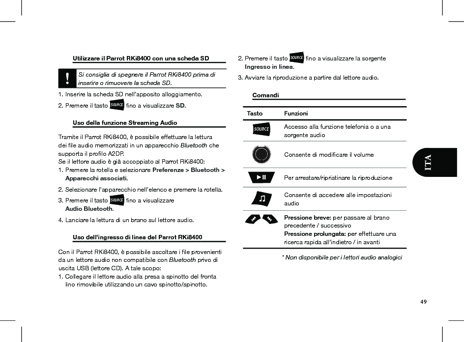  Utilizzare il Parrot RKi8400 con una scheda SD    Si consiglia di spegnere il Parrot RKi8400 prima di inserire o rimuovere la scheda SD.  1. Inserire la scheda SD nell’apposito alloggiamento.  2. Premere il tasto SOURCE ﬁno a visualizzare SD.  Uso della funzione Streaming Audio     Tramite il Parrot RKi8400, è possibile effettuare la lettura dei ﬁle audio memorizzati in un apparecchio Bluetooth che supporta il proﬁlo A2DP. Se il lettore audio è già accoppiato al Parrot RKi8400:1. Premere la rotella e selezionare Preferenze &gt; Bluetooth &gt;      Apparecchi associati. 2. Selezionare l’apparecchio nell’elenco e premere la rotella. 3. Premere il tasto SOURCE ﬁno a visualizzare      Audio Bluetooth. 4. Lanciare la lettura di un brano sul lettore audio.  Uso dell’ingresso di linea del Parrot RKi8400                 Con il Parrot RKi8400, è possibile ascoltare i ﬁle provenienti da un lettore audio non compatibile con Bluetooth privo di uscita USB (lettore CD). A tale scopo:  1. Collegare il lettore audio alla presa a spinotto del fronta     lino rimovibile utilizzando un cavo spinotto/spinotto. 2. Premere il tasto SOURCE ﬁno a visualizzare la sorgente       Ingresso in linea. 3. Avviare la riproduzione a partire dal lettore audio.   Comandi        Tasto Funzioni SOURCEAccesso alla funzione telefonia o a una sorgente audioConsente di modiﬁcare il volumePer arrestare/ripristinare la riproduzioneConsente di accedere alle impostazioni audioPressione breve: per passare al branoprecedente / successivoPressione prolungata: per effettuare unaricerca rapida all’indietro / in avanti* Non disponibile per i lettori audio analogici49