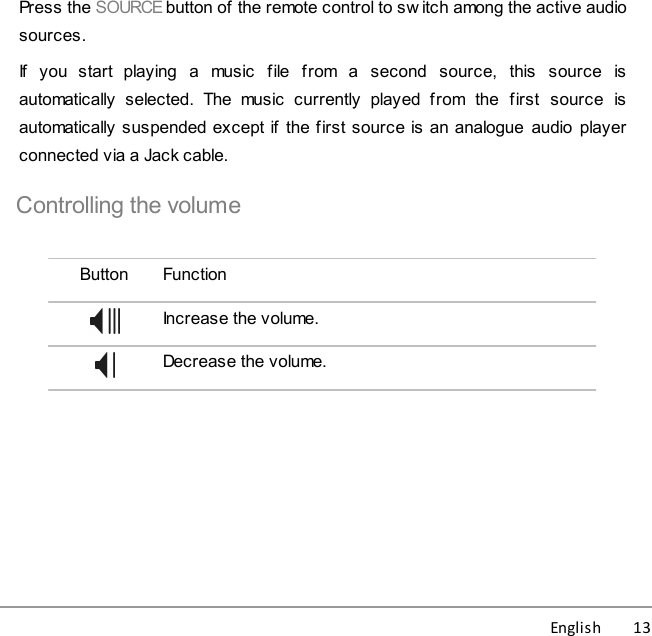 English          13Press the SOURCE button of the remote control to sw itch among the active audiosources.If  you  start  playing  a  music  file  from  a  second  source,  this  source  isautomatically  selected.  The  music  currently  played  from  the  first  source  isautomatically suspended except if the first source is an analogue  audio playerconnected via a Jack cable.Controlling the volumeButtonFunctionIncrease the volume. Decrease the volume.
