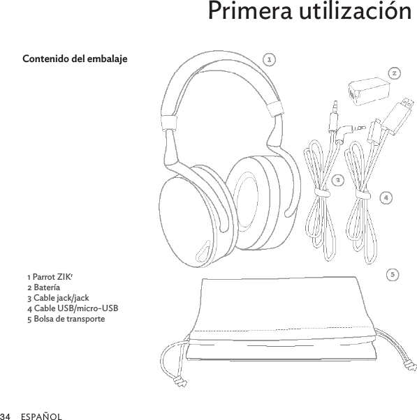 ESPAÑOL34Primera utilizaciónContenido del embalaje1 Parrot ZIKr2 Batería3 Cable jack/jack4 Cable USB/micro-USB 5 Bolsa de transporte