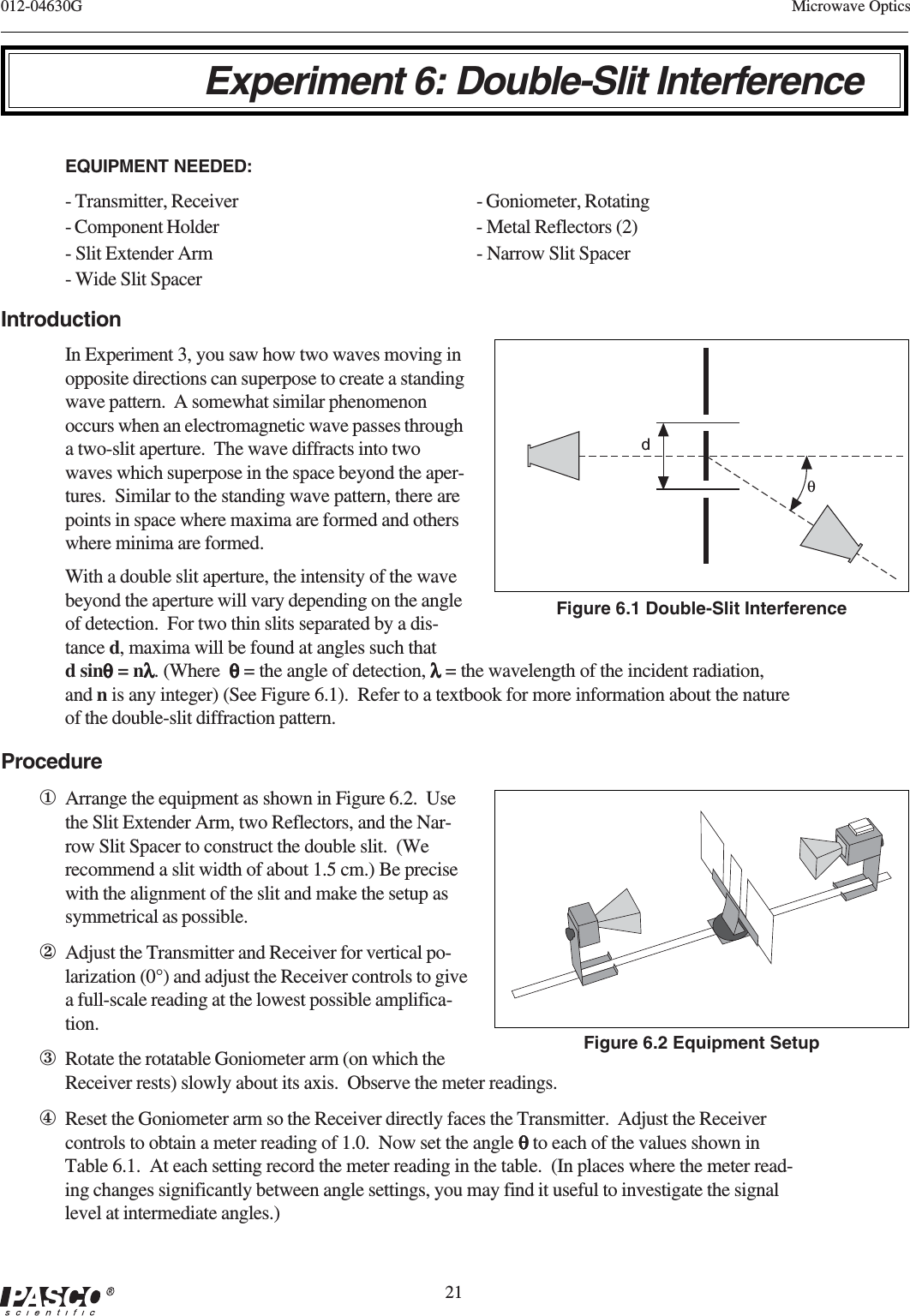 21012-04630G Microwave OpticsExperiment 6: Double-Slit InterferenceEQUIPMENT NEEDED:- Transmitter, Receiver - Goniometer, Rotating- Component Holder - Metal Reflectors (2)- Slit Extender Arm - Narrow Slit Spacer- Wide Slit SpacerIntroductionIn Experiment 3, you saw how two waves moving inopposite directions can superpose to create a standingwave pattern.  A somewhat similar phenomenonoccurs when an electromagnetic wave passes througha two-slit aperture.  The wave diffracts into twowaves which superpose in the space beyond the aper-tures.  Similar to the standing wave pattern, there arepoints in space where maxima are formed and otherswhere minima are formed.With a double slit aperture, the intensity of the wavebeyond the aperture will vary depending on the angleof detection.  For two thin slits separated by a dis-tance d, maxima will be found at angles such thatd sinθθθθθ = nλλλλλ. (Where  θθθθθ = the angle of detection, λλλλλ = the wavelength of the incident radiation,and n is any integer) (See Figure 6.1).  Refer to a textbook for more information about the natureof the double-slit diffraction pattern.Procedure①Arrange the equipment as shown in Figure 6.2.  Usethe Slit Extender Arm, two Reflectors, and the Nar-row Slit Spacer to construct the double slit.  (Werecommend a slit width of about 1.5 cm.) Be precisewith the alignment of the slit and make the setup assymmetrical as possible.②Adjust the Transmitter and Receiver for vertical po-larization (0°) and adjust the Receiver controls to givea full-scale reading at the lowest possible amplifica-tion.③Rotate the rotatable Goniometer arm (on which theReceiver rests) slowly about its axis.  Observe the meter readings.④Reset the Goniometer arm so the Receiver directly faces the Transmitter.  Adjust the Receivercontrols to obtain a meter reading of 1.0.  Now set the angle θθθθθ to each of the values shown inTable 6.1.  At each setting record the meter reading in the table.  (In places where the meter read-ing changes significantly between angle settings, you may find it useful to investigate the signallevel at intermediate angles.)Figure 6.1 Double-Slit InterferencedθFigure 6.2 Equipment Setup