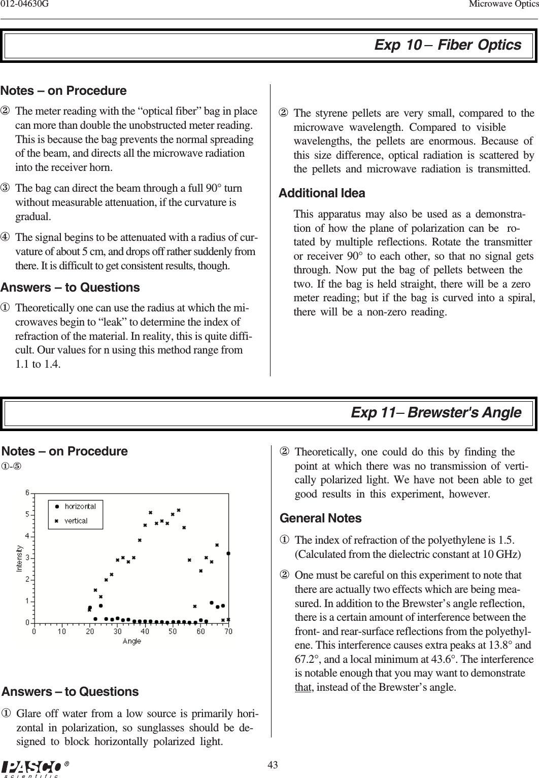 43012-04630G Microwave OpticsExp 10 – Fiber OpticsExp 11– Brewster&apos;s AngleNotes – on ProcedureAnswers – to Questions①Glare off water from a low source is primarily hori-zontal in polarization, so sunglasses should be de-signed to block horizontally polarized light.Notes – on Procedure②The meter reading with the “optical fiber” bag in placecan more than double the unobstructed meter reading.This is because the bag prevents the normal spreadingof the beam, and directs all the microwave radiationinto the receiver horn.③The bag can direct the beam through a full 90° turnwithout measurable attenuation, if the curvature isgradual.④The signal begins to be attenuated with a radius of cur-vature of about 5 cm, and drops off rather suddenly fromthere. It is difficult to get consistent results, though.Answers – to Questions①Theoretically one can use the radius at which the mi-crowaves begin to “leak” to determine the index ofrefraction of the material. In reality, this is quite diffi-cult. Our values for n using this method range from1.1 to 1.4.②The styrene pellets are very small, compared to themicrowave wavelength. Compared to visiblewavelengths, the pellets are enormous. Because ofthis size difference, optical radiation is scattered bythe pellets and microwave radiation is transmitted.Additional IdeaThis apparatus may also be used as a demonstra-tion of how the plane of polarization can be  ro-tated by multiple reflections. Rotate the transmitteror receiver 90° to each other, so that no signal getsthrough. Now put the bag of pellets between thetwo. If the bag is held straight, there will be a zerometer reading; but if the bag is curved into a spiral,there will be a non-zero reading.②Theoretically, one could do this by finding thepoint at which there was no transmission of verti-cally polarized light. We have not been able to getgood results in this experiment, however.General Notes①The index of refraction of the polyethylene is 1.5.(Calculated from the dielectric constant at 10 GHz)②One must be careful on this experiment to note thatthere are actually two effects which are being mea-sured. In addition to the Brewster’s angle reflection,there is a certain amount of interference between thefront- and rear-surface reflections from the polyethyl-ene. This interference causes extra peaks at 13.8° and67.2°, and a local minimum at 43.6°. The interferenceis notable enough that you may want to demonstratethat, instead of the Brewster’s angle.①-⑤