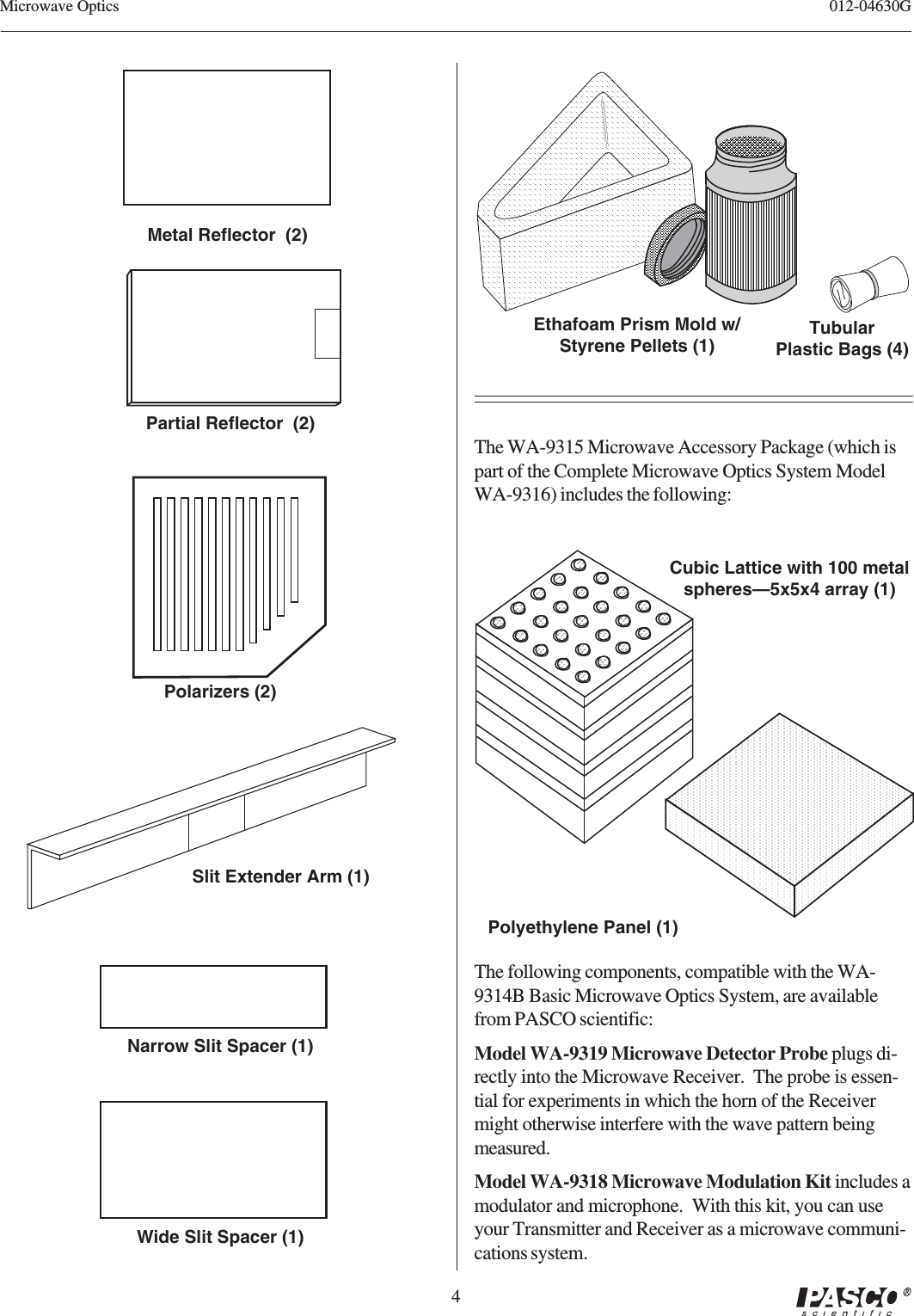 4012-04630GMicrowave OpticsWide Slit Spacer (1)Narrow Slit Spacer (1) Slit Extender Arm (1)Metal Reflector  (2)Partial Reflector  (2)Polarizers (2)TubularPlastic Bags (4)Ethafoam Prism Mold w/Styrene Pellets (1)Polyethylene Panel (1)Cubic Lattice with 100 metalspheres—5x5x4 array (1)The WA-9315 Microwave Accessory Package (which ispart of the Complete Microwave Optics System ModelWA-9316) includes the following:The following components, compatible with the WA-9314B Basic Microwave Optics System, are availablefrom PASCO scientific:Model WA-9319 Microwave Detector Probe plugs di-rectly into the Microwave Receiver.  The probe is essen-tial for experiments in which the horn of the Receivermight otherwise interfere with the wave pattern beingmeasured.Model WA-9318 Microwave Modulation Kit includes amodulator and microphone.  With this kit, you can useyour Transmitter and Receiver as a microwave communi-cations system.