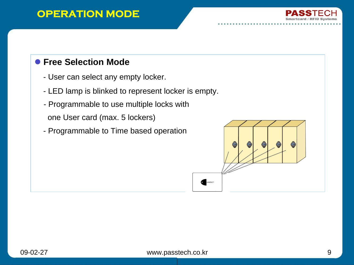 09-02-27 www.passtech.co.kr 9OPERATION MODEzFree Selection Mode - User can select any empty locker.- LED lamp is blinked to represent locker is empty.- Programmable to use multiple locks with one User card (max. 5 lockers)- Programmable to Time based operation 