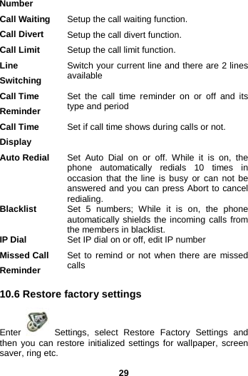  29 Number Call Waiting   Setup the call waiting function.   Call Divert Setup the call divert function. Call Limit Setup the call limit function. Line Switching Switch your current line and there are 2 lines available   Call Time Reminder Set the call time reminder on or off and its type and period Call Time Display Set if call time shows during calls or not.   Auto Redial Set Auto Dial on or off. While it is on, the phone automatically redials 10 times in occasion that the line is busy or can not be answered and you can press Abort to cancel redialing.   Blacklist Set 5 numbers; While it is on, the phone automatically shields the incoming calls from the members in blacklist. IP Dial Set IP dial on or off, edit IP number Missed Call Reminder Set to remind or not when there are missed calls 10.6 Restore factory settings Enter   Settings, select Restore Factory Settings and then you can restore initialized settings for wallpaper, screen saver, ring etc. 