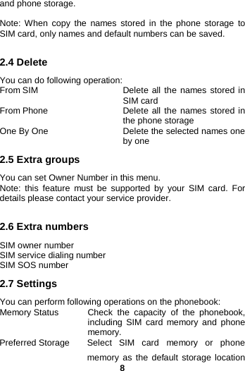 8 and phone storage.  Note: When copy the names stored in the phone storage to SIM card, only names and default numbers can be saved.  2.4 Delete You can do following operation: From SIM                Delete all the names stored in SIM card   From Phone               Delete all the names stored in the phone storage One By One               Delete the selected names one by one 2.5 Extra groups You can set Owner Number in this menu. Note: this feature must be supported by your SIM card. For details please contact your service provider.  2.6 Extra numbers SIM owner number SIM service dialing number SIM SOS number      2.7 Settings You can perform following operations on the phonebook:   Memory Status     Check the capacity of the phonebook, including SIM card memory and phone memory. Preferred Storage     Select SIM card memory or phone memory as the default storage location 