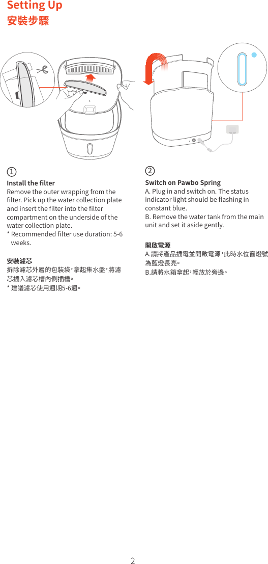 2Setting Up 安裝步驟 12Install the ﬁlterRemove the outer wrapping from the ﬁlter. Pick up the water collection plate and insert the ﬁlter into the ﬁlter compartment on the underside of the water collection plate. * Recommended ﬁlter use duration: 5-6    weeks.Switch on Pawbo Spring A. Plug in and switch on. The statusindicator light should be ﬂashing inconstant blue.B. Remove the water tank from the mainunit and set it aside gently.安裝濾芯拆除濾芯外層的包裝袋，拿起集水盤，將濾芯插入濾芯槽內側插槽。* 建議濾芯使用週期5-6週。開啟電源A.請將產品插電並開啟電源，此時水位窗燈號為藍燈長亮。B.請將水箱拿起，輕放於旁邊。