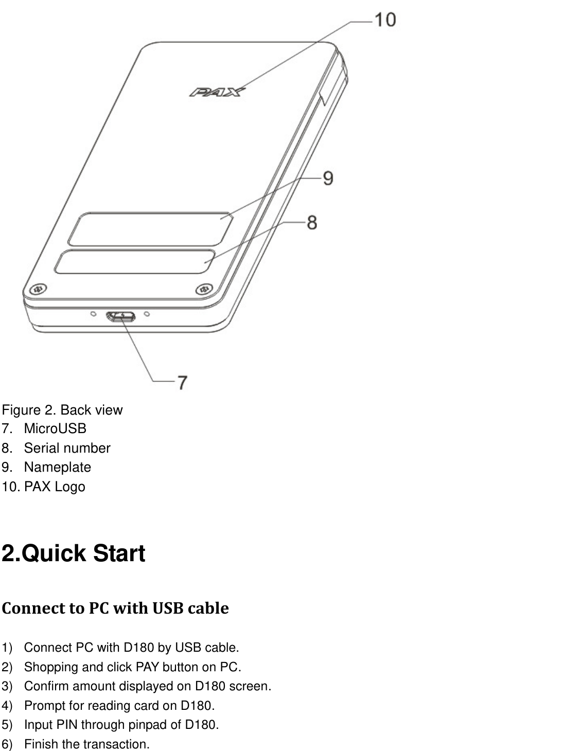   Figure 2. Back view 7.  MicroUSB 8. Serial number 9. Nameplate 10. PAX Logo  2.Quick Start Connect to PC with USB cable 1)  Connect PC with D180 by USB cable. 2)  Shopping and click PAY button on PC. 3)  Confirm amount displayed on D180 screen. 4)  Prompt for reading card on D180. 5)  Input PIN through pinpad of D180. 6)  Finish the transaction.  