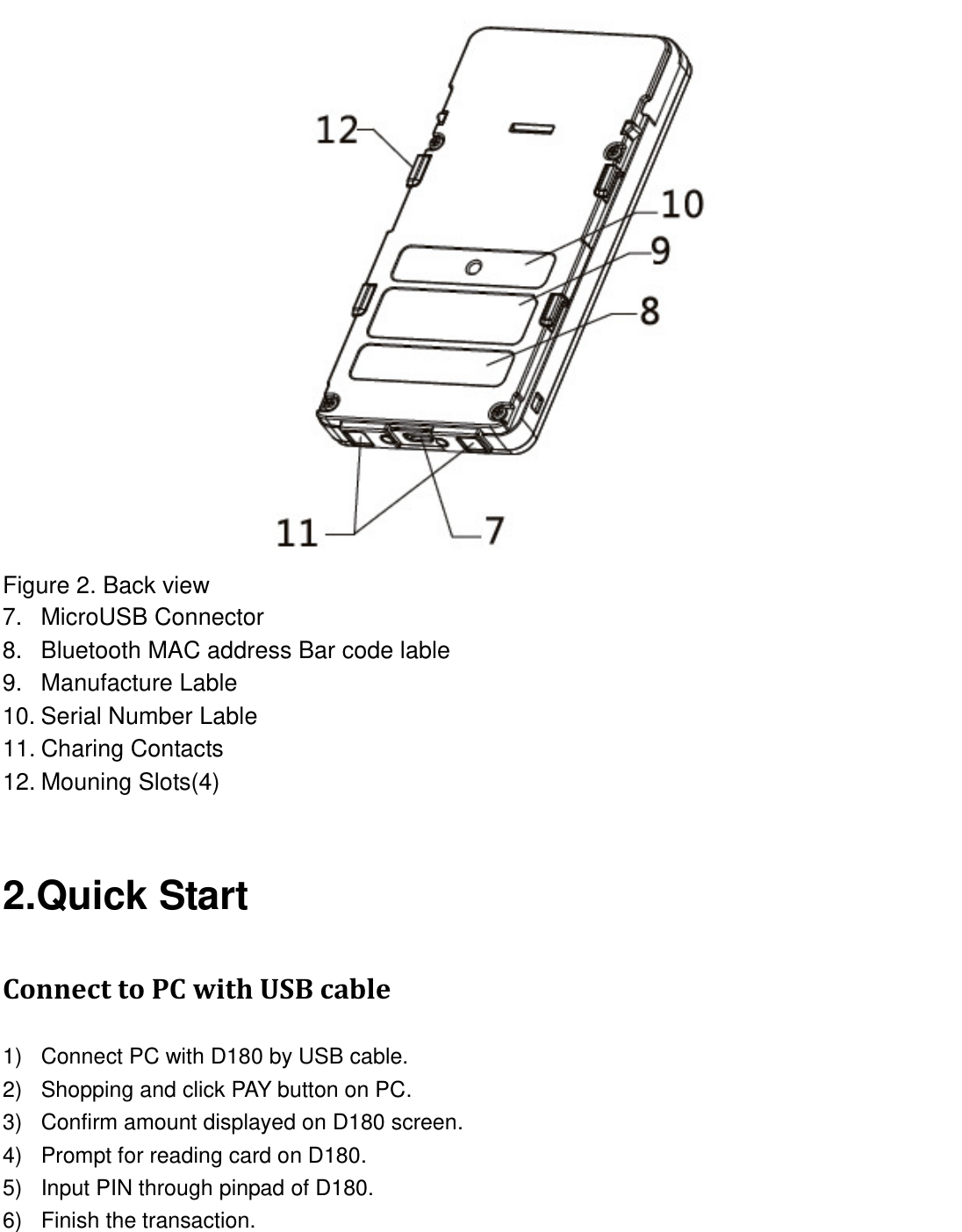   Figure 2. Back view 7.  MicroUSB Connector 8.  Bluetooth MAC address Bar code lable 9.  Manufacture Lable 10. Serial Number Lable 11. Charing Contacts 12. Mouning Slots(4)  2.Quick Start Connect to PC with USB cable 1)  Connect PC with D180 by USB cable. 2)  Shopping and click PAY button on PC. 3)  Confirm amount displayed on D180 screen. 4)  Prompt for reading card on D180. 5)  Input PIN through pinpad of D180. 6)  Finish the transaction.  