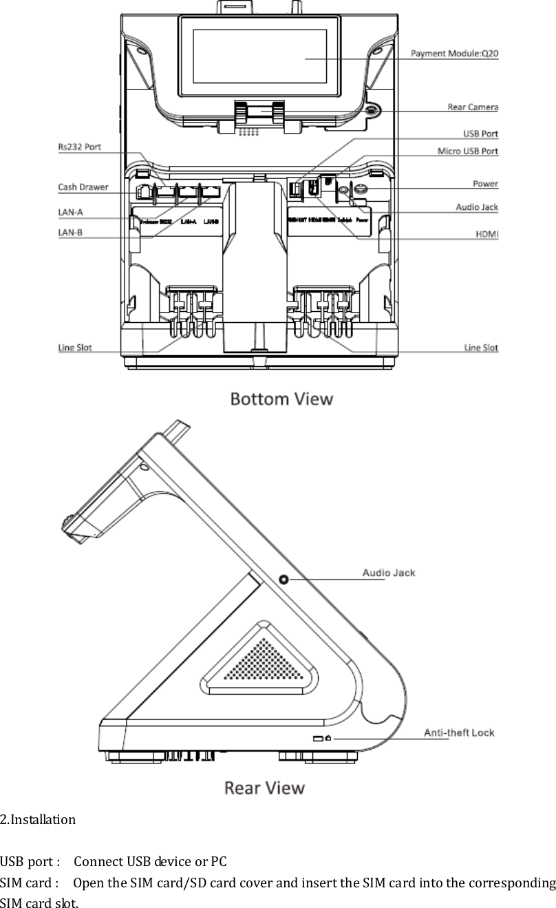   2.Installation  USB port :    Connect USB device or PC SIM card :    Open the SIM card/SD card cover and insert the SIM card into the corresponding SIM card slot. 