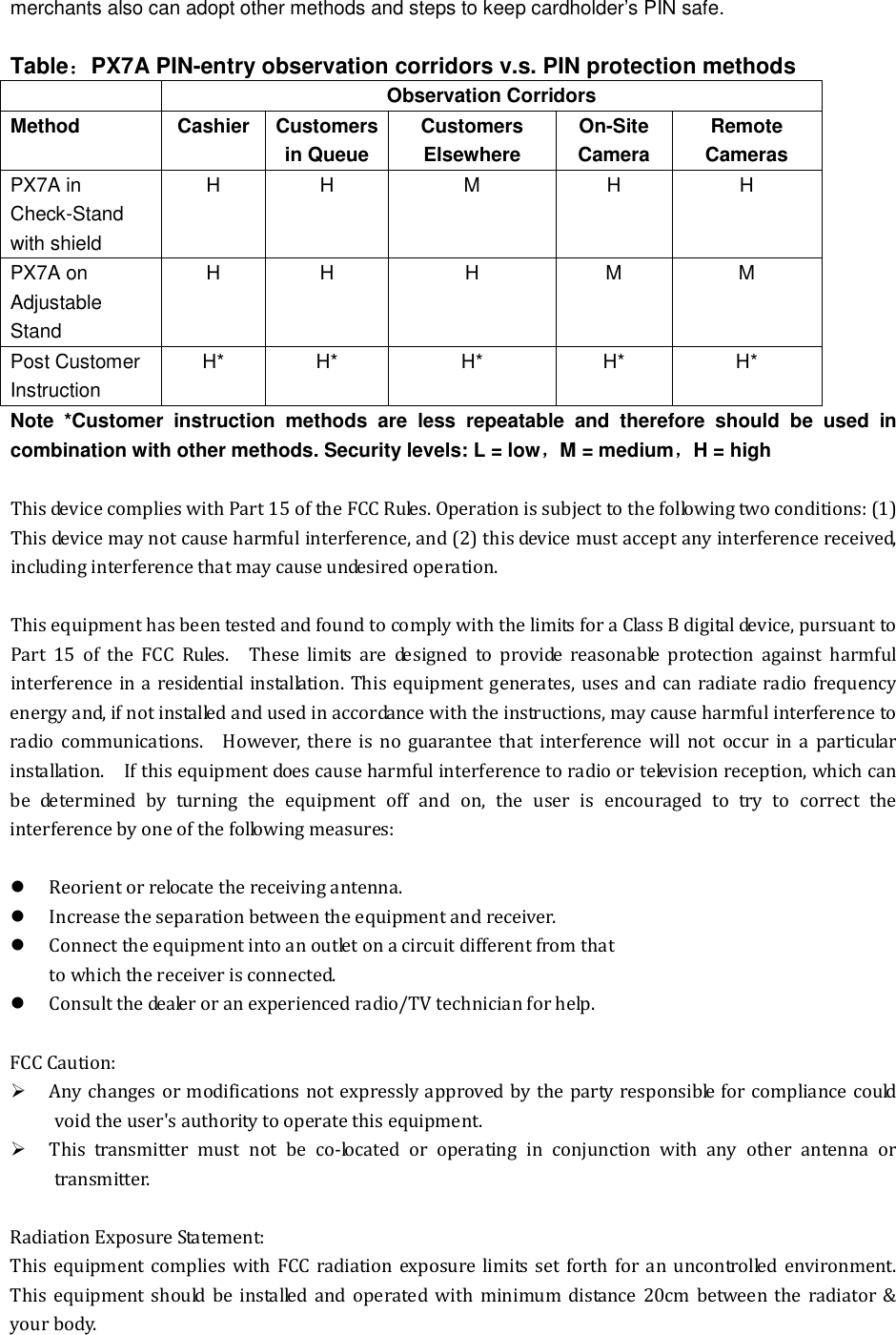 merchants also can adopt other methods and steps to keep cardholder’s PIN safe.  Table：PX7A PIN-entry observation corridors v.s. PIN protection methods   Observation Corridors Method  Cashier  Customers in Queue Customers Elsewhere On-Site Camera Remote Cameras PX7A in Check-Stand with shield H  H  M  H  H PX7A on Adjustable Stand H  H  H  M  M Post Customer Instruction H*  H*  H*  H*  H* Note  *Customer  instruction  methods  are  less  repeatable  and  therefore  should  be  used  in combination with other methods. Security levels: L = low，M = medium，H = high  This device complies with Part 15 of the FCC Rules. Operation is subject to the following two conditions: (1) This device may not cause harmful interference, and (2) this device must accept any interference received, including interference that may cause undesired operation.  This equipment has been tested and found to comply with the limits for a Class B digital device, pursuant to Part  15  of  the  FCC  Rules.    These  limits  are  designed  to  provide  reasonable  protection  against  harmful interference in a residential installation. This equipment generates, uses and can radiate radio frequency energy and, if not installed and used in accordance with the instructions, may cause harmful interference to radio  communications.    However,  there is  no  guarantee  that  interference  will  not  occur  in  a  particular installation.    If this equipment does cause harmful interference to radio or television reception, which can be  determined  by  turning  the  equipment  off  and  on,  the  user  is  encouraged  to  try  to  correct  the interference by one of the following measures:   Reorient or relocate the receiving antenna.  Increase the separation between the equipment and receiver.  Connect the equipment into an outlet on a circuit different from that to which the receiver is connected.  Consult the dealer or an experienced radio/TV technician for help.  FCC Caution:  Any changes or modifications not expressly approved by the party responsible for compliance could void the user&apos;s authority to operate this equipment.  This  transmitter  must  not  be  co-located  or  operating  in  conjunction  with  any  other  antenna  or transmitter.  Radiation Exposure Statement: This  equipment complies with FCC  radiation exposure  limits  set  forth  for an  uncontrolled  environment. This  equipment should  be  installed and  operated  with  minimum  distance 20cm between  the  radiator &amp; your body.  