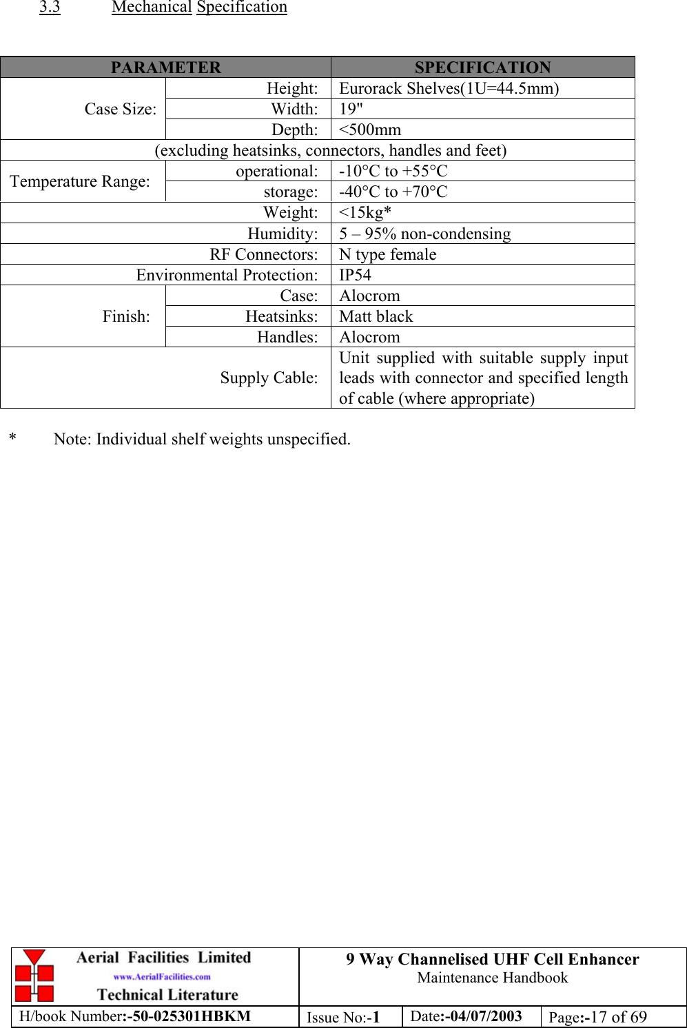 9 Way Channelised UHF Cell EnhancerMaintenance HandbookH/book Number:-50-025301HBKM Issue No:-1Date:-04/07/2003 Page:-17 of 693.3 Mechanical SpecificationPARAMETER SPECIFICATIONHeight: Eurorack Shelves(1U=44.5mm)Width: 19&quot;Case Size:Depth: &lt;500mm(excluding heatsinks, connectors, handles and feet)operational: -10°C to +55°CTemperature Range: storage: -40°C to +70°CWeight: &lt;15kg*Humidity: 5 – 95% non-condensingRF Connectors: N type femaleEnvironmental Protection: IP54Case: AlocromHeatsinks: Matt blackFinish:Handles: AlocromSupply Cable:Unit supplied with suitable supply inputleads with connector and specified lengthof cable (where appropriate)* Note: Individual shelf weights unspecified.