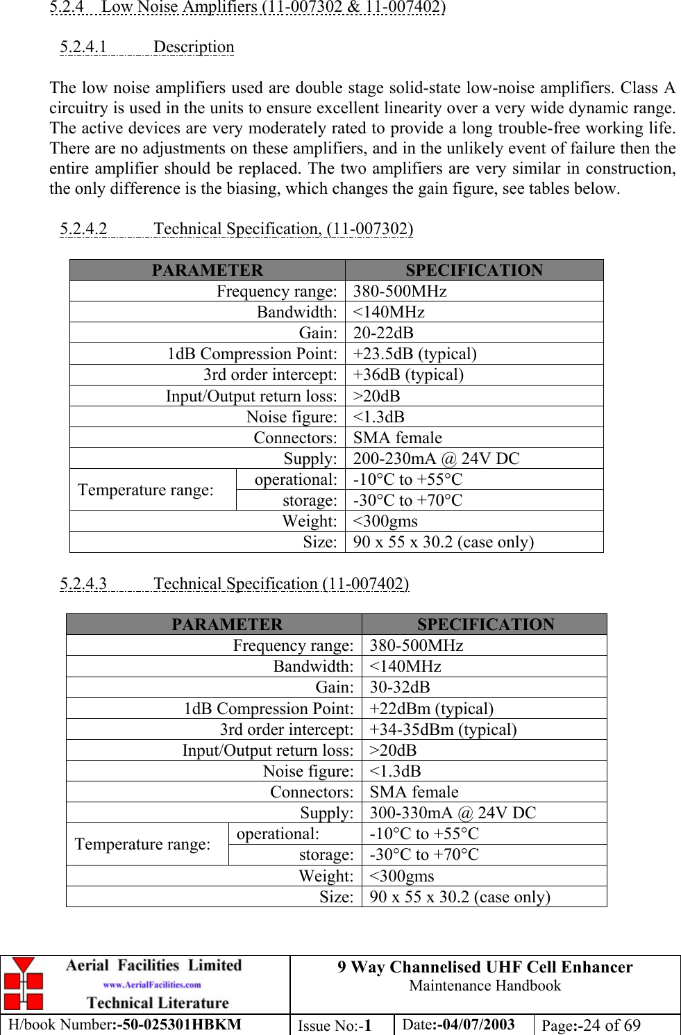 9 Way Channelised UHF Cell EnhancerMaintenance HandbookH/book Number:-50-025301HBKM Issue No:-1Date:-04/07/2003 Page:-24 of 695.2.4    Low Noise Amplifiers (11-007302 &amp; 11-007402)5.2.4.1           DescriptionThe low noise amplifiers used are double stage solid-state low-noise amplifiers. Class Acircuitry is used in the units to ensure excellent linearity over a very wide dynamic range.The active devices are very moderately rated to provide a long trouble-free working life.There are no adjustments on these amplifiers, and in the unlikely event of failure then theentire amplifier should be replaced. The two amplifiers are very similar in construction,the only difference is the biasing, which changes the gain figure, see tables below.5.2.4.2           Technical Specification, (11-007302)PARAMETER SPECIFICATIONFrequency range: 380-500MHzBandwidth: &lt;140MHzGain: 20-22dB1dB Compression Point: +23.5dB (typical)3rd order intercept: +36dB (typical)Input/Output return loss: &gt;20dBNoise figure: &lt;1.3dBConnectors: SMA femaleSupply: 200-230mA @ 24V DCoperational: -10°C to +55°CTemperature range: storage: -30°C to +70°CWeight: &lt;300gmsSize: 90 x 55 x 30.2 (case only)5.2.4.3           Technical Specification (11-007402)PARAMETER SPECIFICATIONFrequency range: 380-500MHzBandwidth: &lt;140MHzGain: 30-32dB1dB Compression Point: +22dBm (typical)3rd order intercept: +34-35dBm (typical)Input/Output return loss: &gt;20dBNoise figure: &lt;1.3dBConnectors: SMA femaleSupply: 300-330mA @ 24V DCoperational: -10°C to +55°CTemperature range: storage: -30°C to +70°CWeight: &lt;300gmsSize: 90 x 55 x 30.2 (case only)