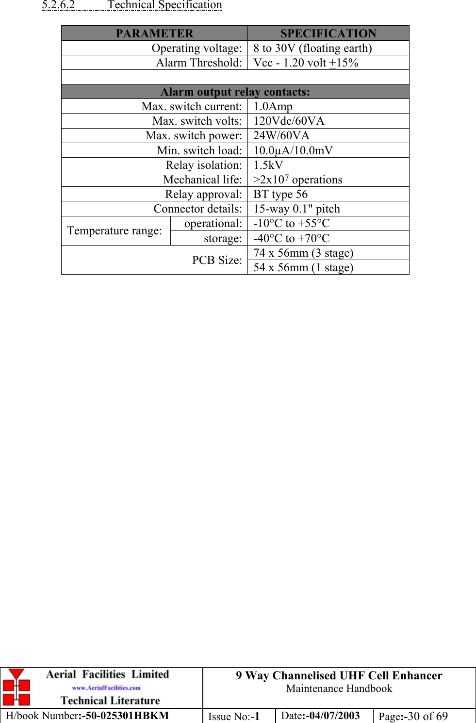 9 Way Channelised UHF Cell EnhancerMaintenance HandbookH/book Number:-50-025301HBKM Issue No:-1Date:-04/07/2003 Page:-30 of 695.2.6.2           Technical SpecificationPARAMETER SPECIFICATIONOperating voltage: 8 to 30V (floating earth)Alarm Threshold: Vcc - 1.20 volt +15%Alarm output relay contacts:Max. switch current: 1.0AmpMax. switch volts: 120Vdc/60VAMax. switch power: 24W/60VAMin. switch load: 10.0µA/10.0mVRelay isolation: 1.5kVMechanical life: &gt;2x107 operationsRelay approval: BT type 56Connector details: 15-way 0.1&quot; pitchoperational: -10°C to +55°CTemperature range: storage: -40°C to +70°C74 x 56mm (3 stage)PCB Size: 54 x 56mm (1 stage)