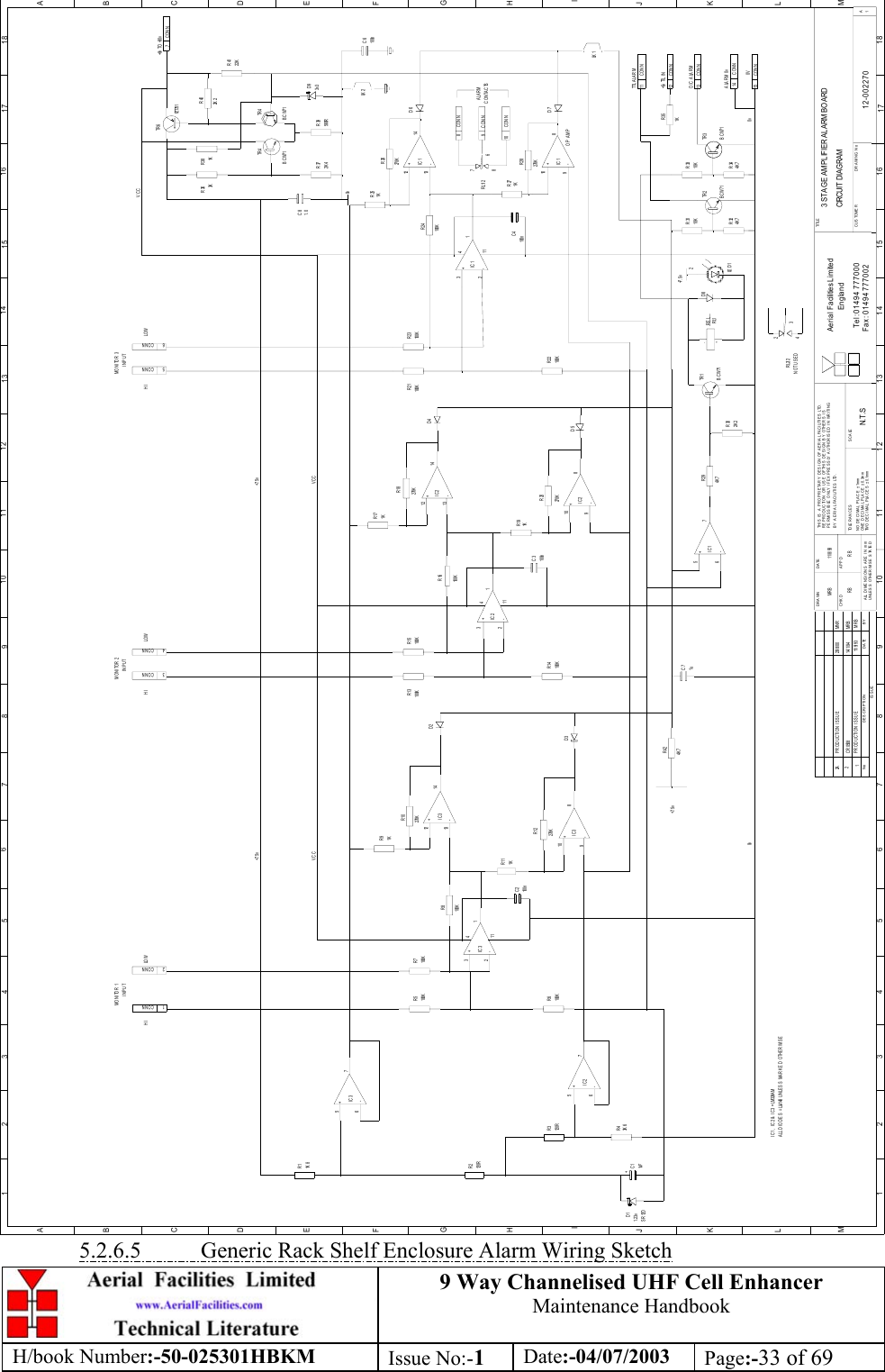 9 Way Channelised UHF Cell EnhancerMaintenance HandbookH/book Number:-50-025301HBKM Issue No:-1Date:-04/07/2003 Page:-33 of 693 STAGE AMPLIFIER ALARM BO ARDCIRCUIT  DIAG RAM12-0022701N.T .SM R B 11/ 8/ 93BYDATEDESCRIP TIONNoISSUE1234 5 678 910 11 12 13 14 15 16 17 18ABCDEFGHIJKLMABCDEFGHIJKL1 2 3 4 5 6 7 8 9 101112 13 1415 1617 18MUNLESS OTHERWISE STATEDALL DIMENSIONS A RE IN mmDRAWN        CHKDCUSTOMER                      DRAWING NoPERMISSIBLE ONLY IF EXPRESSLY AUTHORISED IN WRITINGTHIS IS A PROPRIETARY DESIGN OF AERIAL FACILITIES LTD.NO DECIMAL P LA CE ± 1mmTWO DECIMAL PLACES ± 0.1mmONE DECIMAL P LACE ± 0.3mmBY AERIAL  FACILITIES LTD.REPRODUCTI ON OR USE OF THIS  DESIGN BY OTHERS  ISAPPDDATETOLERANCES SCA LETel : 01494 777000Fax : 01494 777002Ae ria l Fa cilitie s Lim ite dEng landTI TLE1A+-IC1+-IC1+-IC1+-IC1CONN11TTL ALARMCONN+5v TTL I N12CONN0V15CONNALARM 0v14CONNO/C ALARM137+8v  TO  +30vCONN1CONNCONN2CONN3CONN4CONN5CONN6MONITOR 1INPUTHI LOW HIMONITOR 2INPUTLO W HIMON I TO R 3INPUTLO W9CONNCONN10CONN8CONTACTSALARMR11K 8+-IC3567R2120RR3120RR43K 6R6100KR5100KR7100KR91K231+-IC3411R111K100KR151KR17100KR23100KR221KR19100KR14100KR13100KR21R251KR271KR372K 4R39560RR26270K270KR18R24100KR28270KR20270KR16100KR10270KR8100KR12270KR424K 7R294K 7R351KR402K 2R4122KR381KR363K2K 2R304K 7R324K 7R3410KR3310KR31TR 3BCW71BCW71TR 2BCW71TR 1657+-IC21098+-IC3324111121314+-IC3+-IC21213141098324111+-IC2+-IC25671098121314D11. 23vSR12D+C11uFC2100n1uC7100nC3100nC41. 0C83v3D9TR 6FZT7 51TR 4BCW71 BCW71TR 4100nC6LK 2D7D6LK 1D4D5D2D3D8LE D 1REL-RL1+OP AMP67RL1/28+7. 5v+7. 5v2+7. 5v +7. 5 vVCC VCC0v 0vCR0508 14/1/94 MRBIC1 , IC2 &amp; IC3 = LM324A MALL DIODES = LL4148 UNLESS MARKED OTHERWISE4RL2/2 32NOT USE DVCCPRODUCTION ISSUE  11/9/93 MRBPRODUCTION ISSUE  29/8/00 MNR22A0vRB RB5.2.6.5           Generic Rack Shelf Enclosure Alarm Wiring Sketch