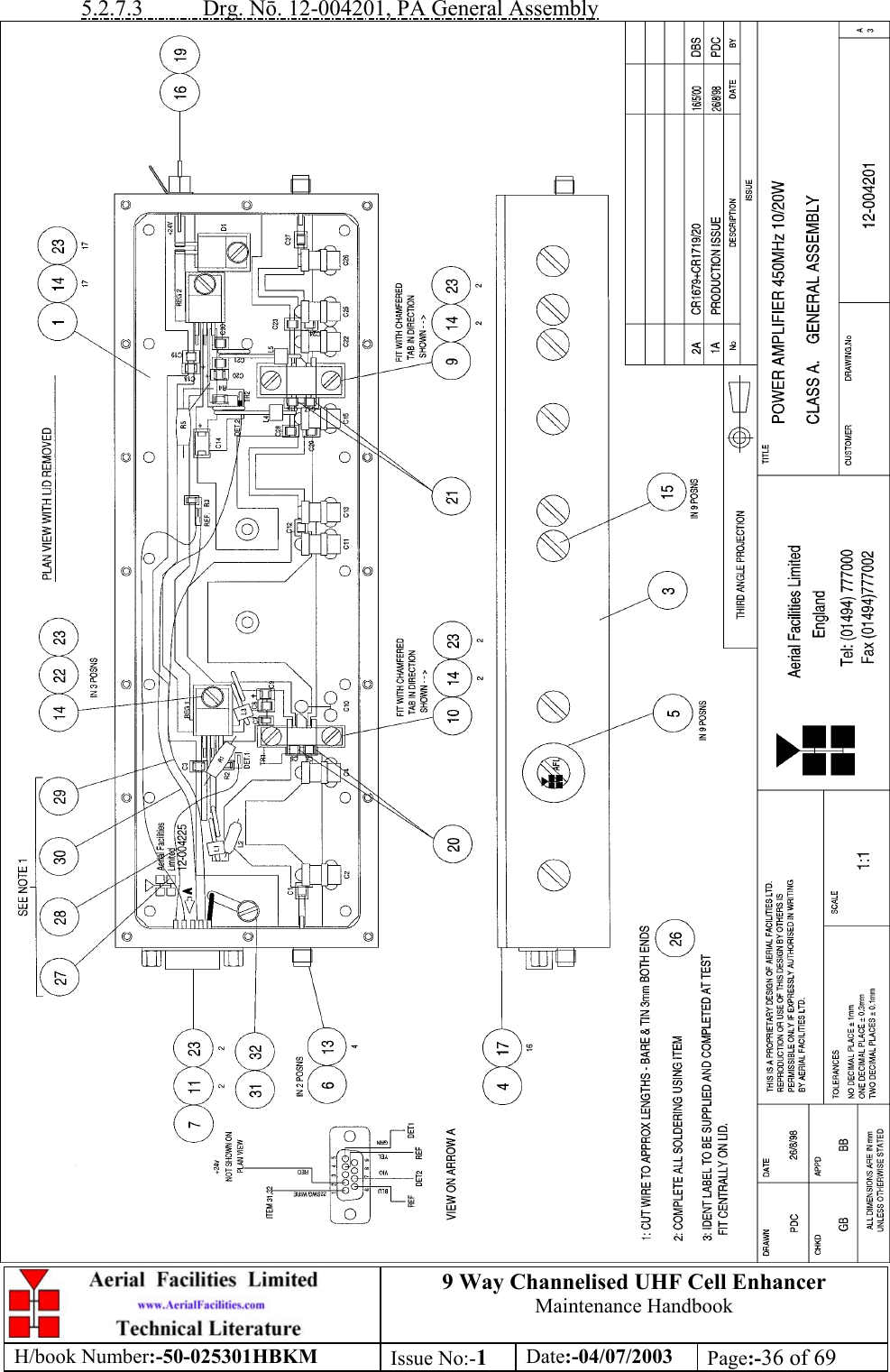 9 Way Channelised UHF Cell EnhancerMaintenance HandbookH/book Number:-50-025301HBKM Issue No:-1Date:-04/07/2003 Page:-36 of 695.2.7.3           Drg. N. 12-004201, PA General Assembly