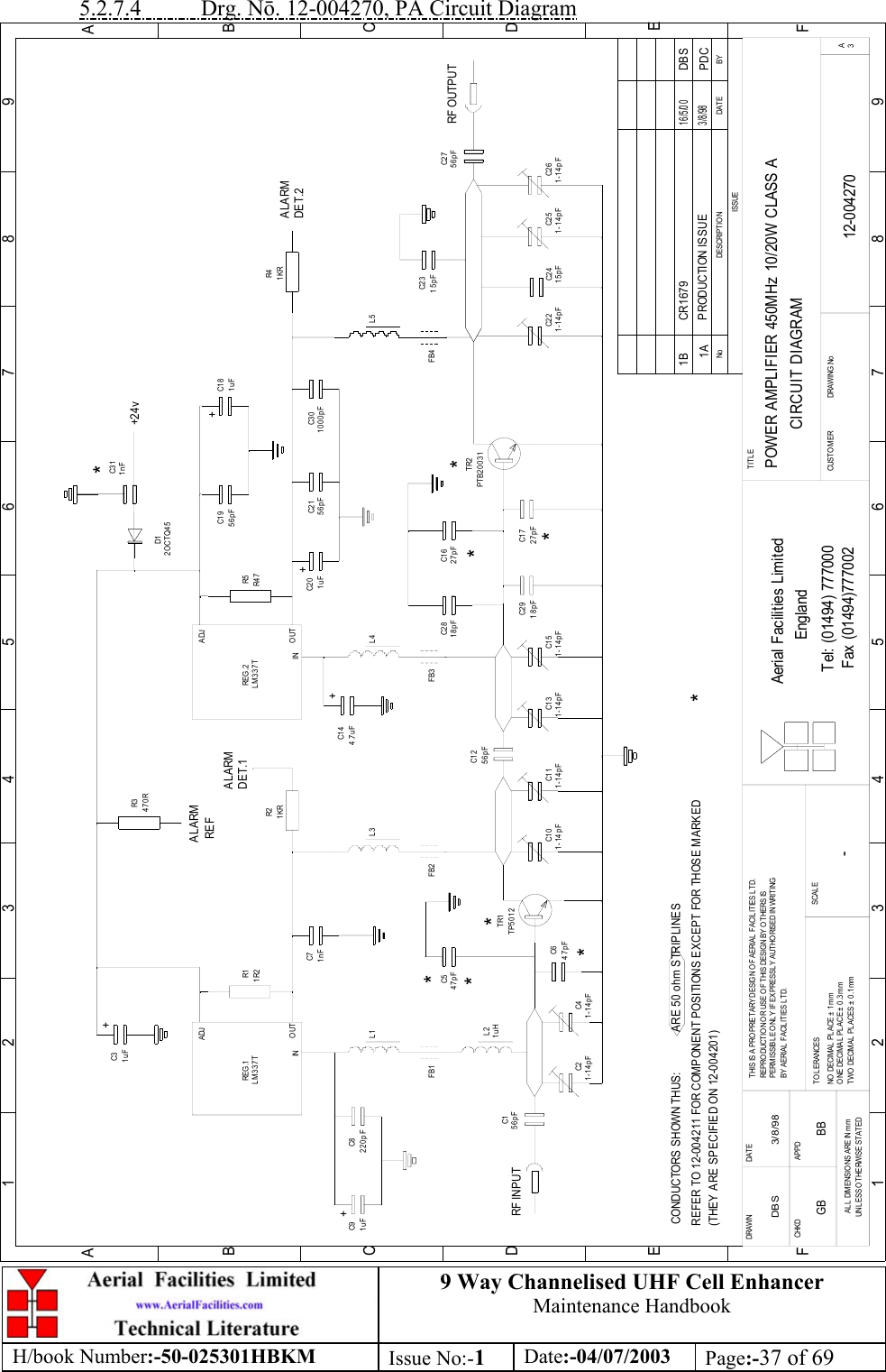 9 Way Channelised UHF Cell EnhancerMaintenance HandbookH/book Number:-50-025301HBKM Issue No:-1Date:-04/07/2003 Page:-37 of 695.2.7.4           Drg. N. 12-004270, PA Circuit Diagram1A12-004270POWER AMPLIFIER 450MHz 10/20W CLASS ACIRCUIT DIAGRAM-3/8/98DBSBYDATEDE SCRIP T IO NNoISSUE123456789ABCDEF123456789ABCDEFPRODUCTION ISSUE PDC3/8/98+RF INPUT++++RF OUTPUT+24vALARM REFALARMDET.1ALARMDET.2R11R21KRR2R3470RREG .1ADJOUTINADJREG .2OUTINC31uF1nFC71uFC9220pFC8L1 L3 L4 L5FB4FB3FB2FB1L247pFC547pFC61-14pFC41-14pFC2C1 01-14pFC1 11-14pFTR1TP5012PT B2 00 3 1TR2C1 31-14pFC1 51-14pF 1-14pFC2 5 C2 61-14pFC2 21-14pF18pFC2 827pFC1 6C1 727pFC2 918pF56pFC1 24.7uFC1 4R5R4 7C1 956pF 1uFC1 8C2 01uF 56pFC2 11000pFC3 01KRR41uHD12OCTQ45C2 415pFC2 315pF56pFC2 7C156pFLM337T LM337TCONDUCTORS SHOWN THUS:             ARE 50 ohm STRIPLINESREFER TO 12-004211 FOR COMPONENT POSITIONS EXCEPT FOR THOSE MARKED   (THEY ARE SPECIFIED ON 12-004201)********CR167916/5/00DBS1BFax (01494)777002Tel: (01494) 777000Aerial Facilities LimitedTHIS IS A PROPRIETARY DESIGN O F AERIAL FACILITIES LTD.REPRODUCTION OR USE OF THIS DESIGN BY OTHERS ISPERMISSIBLE O NLY IF EXPRESSLY AUTHORISED IN WRITINGBY AERIAL FACILITIES LTD.NO  DECIMAL  P L ACE ±  1 mmONE DECIMAL  PL ACE ±  0.3mmTWO DECIMAL  PLACES ± 0.1mmAL L  DIMENSIO NS  ARE IN mmUNLESS OTHERWISE STATEDCHKDDRAWN        APPDDATET O L ERANCES SCALEEnglandCUSTOMER                      DRAWING.NoTITLE3AC3 11nF*GB BB