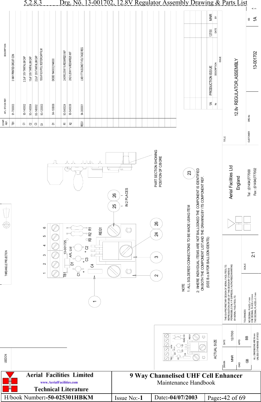 9 Way Channelised UHF Cell EnhancerMaintenance HandbookH/book Number:-50-025301HBKM Issue No:-1Date:-04/07/2003 Page:-42 of 695.2.8.3           Drg. N. 13-001702, 12.8V Regulator Assembly Drawing &amp; Parts List12 323251IN 2 PLACES261262412.8v REGULATOR,ASSEMBLY13-001702 1A2:1MNR 12/7/00BYDATEDESCRIPTIONNoISSUETHIRD ANG LE PROJECTIONUSED O N+++TB1D1C1C3 C2 R3 R2 R1C4REG113-001725AFL LtdCO MP.REF . AFL STO CK REF. DESCRIPTION1A PRODUCTION ISSUE1 2 /7 /0 0MNR1: ALL SOLDERED CONNECTIONS TO BE MADE USING ITEMREG 113- 001725TB1D1C4+C1C2C3 R3 R2A FL Lt d++R1ACTUAL SIZE123 456PART SECTION SHOWINGFax : (01494)777002Tel : (01494)777000Aerial Facilities LtdTHIS IS A PRO PRIETARY DESIGN OF AERIAL FACIL ITIES L TD.REPRODUCTIO N O R USE OF THIS DESIG N BY O THERS ISPERMISSIBLE O NLY IF EXPRESSLY AUTHORISED IN WRITINGBY AERIAL  F ACIL ITIES L TD.NO  DECIMAL PL ACE ±  1 mmONE DECIMAL PLACE ± 0.3mmTWO  DECIMAL  PLACES ±  0 .1 mmAL L  DIM ENSIO NS ARE IN mmUNL ESS OTHERWISE STAT EDCHKDDRAWN        APPDDAT ET OL ERANCES SCAL EEnglandCUSTO MER                      DRG.NoTITLEA3ISSTB1 9 1- 7 00 0 0 3 3  WAY PRINTED CIRCUIT  CO NC1 93-140002 2.2uF  35V TANTALUM CAPC2 9 3- 1 40 0 0 4 1 0 u F 3 5V T ANT AL UM CAPC3 9 3- 1 4 0 0 0 2 2 .2 u F  3 5 V TANT AL UM CAPC4 93-120003 1 00n F 6 3V POL YESTER CAP FIL MD1 94-100006 DIODE 1N4003 [1N4000R1 93-540024 240R 0.25W 1% RES MRS25 M:FR2 93-540039 2K2 0.25W 1% RES MRS25 M:F94-300001REG1 L M3 1 7 T N.S.C/MO T VO L TAG E REGPOSITION OF C/BORE2: WHERE INDIVIDUAL ITEMS ARE NOT BALLOONED THE COMPONENT IS IDENTIFIED  ON BOTH THE COMPONENT LIST AND THE DRAWING BY ITS COMPONENT REF.(SEE B.o.M FOR BALLOON IDENTS)NOTEGB BB