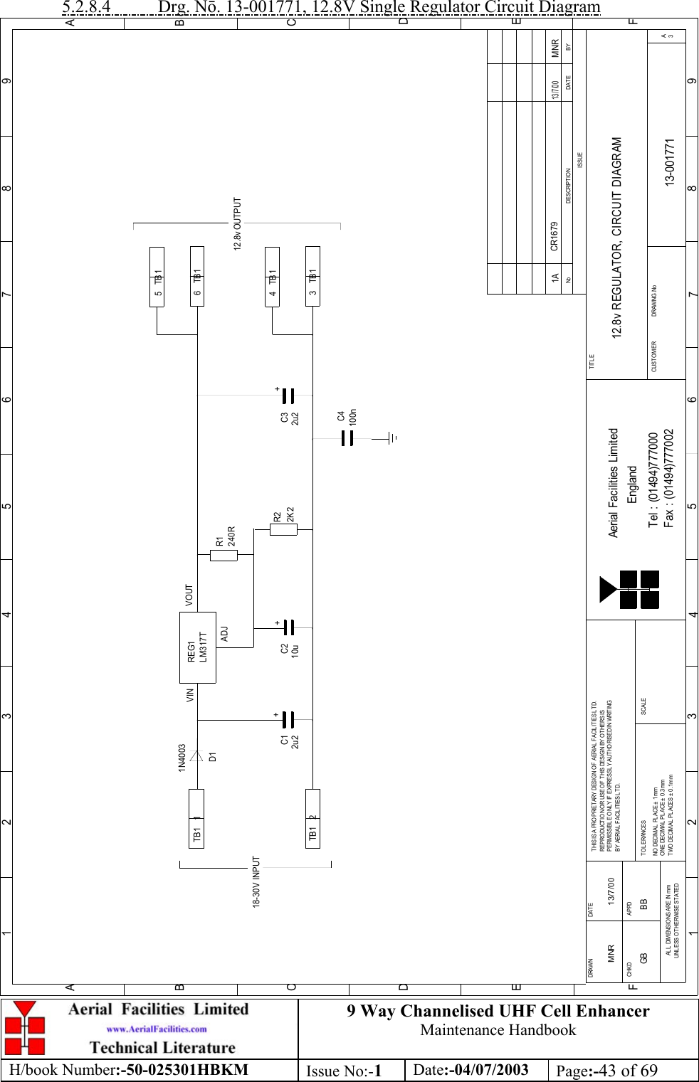 9 Way Channelised UHF Cell EnhancerMaintenance HandbookH/book Number:-50-025301HBKM Issue No:-1Date:-04/07/2003 Page:-43 of 695.2.8.4           Drg. N. 13-001771, 12.8V Single Regulator Circuit DiagramBYDATEDESCRIPTIONNoISSUE1 234 5678 9ABCDEABCDE18-30V INPUTTB1   1TB1   21N4003D1VIN REG1LM317TVOUTADJ R1240RC1 C2 R22K2 C3C45   TB16   TB13   TB14   TB112.8v OUTPUT+++2u2 10u 2u2100nFax : (01494)777002Tel : (01494)777000Aerial Facilities LimitedTHIS IS A PROPRIETARY DESIGN OF AERIAL FACILITIES LTD.REPRODUCTIO N O R USE O F THIS DESIGN BY O THERS ISPERMISSIBLE ONLY IF EXPRESSLY AUTHORISED IN WRITINGBY AERIAL  FACIL IT IES L TD.NO  DECIMAL PL ACE ±  1 m mONE DECIMAL PLACE ± 0.3mmTWO  DECIMAL  PL ACES ±  0 .1 m mAL L  DIMENSIO NS ARE IN mmUNL ESS O THERWISE STATEDCHKDDRAWN        F12APPDDAT ET O L ERANCES3SCALE45EnglandCUSTO MER                      DRAWING.No67TITLE8 93AF12.8v REGULATOR, CIRCUIT DIAGRAM13-0017711AMNR 13/7/00CR167913/7/00MNRGB BB