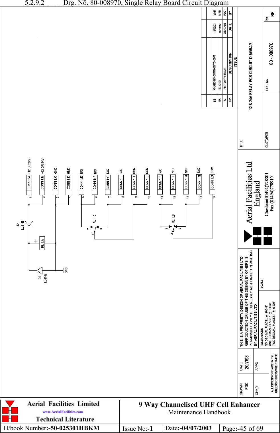 9 Way Channelised UHF Cell EnhancerMaintenance HandbookH/book Number:-50-025301HBKM Issue No:-1Date:-04/07/2003 Page:-45 of 695.2.9.2           Drg. N. 80-008970, Single Relay Board Circuit Diagram