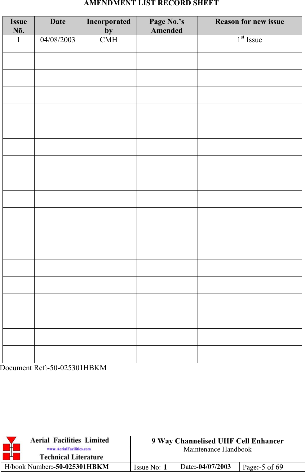 9 Way Channelised UHF Cell EnhancerMaintenance HandbookH/book Number:-50-025301HBKM Issue No:-1Date:-04/07/2003 Page:-5 of 69AMENDMENT LIST RECORD SHEETIssueNō.Date IncorporatedbyPage No.’sAmendedReason for new issue1 04/08/2003 CMH 1st IssueDocument Ref:-50-025301HBKM